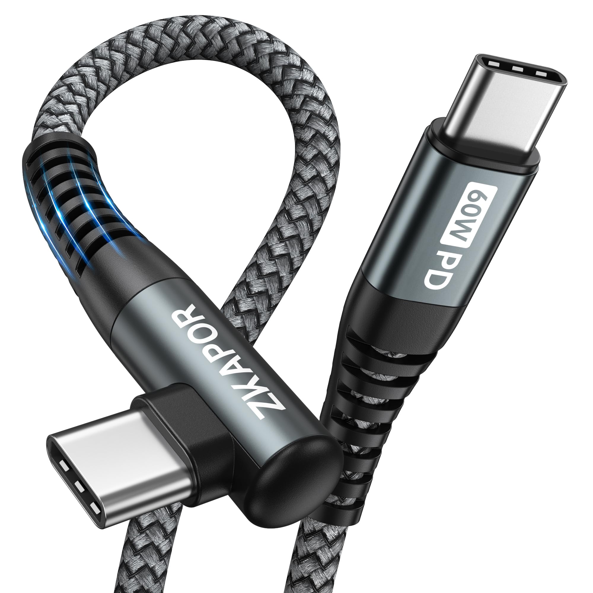 ZKAPOR Cavo USB C a USB C 1M, Cavo USB Type-C 90 Gradi PD 60W Ricarica Rapida Type-C a USB-C Compatible con iPhone 15/15 Pro Max, Samsung Galaxy S23 /S22, Pad Pro, Air, Huawei P40 /Mate 60, Pixel