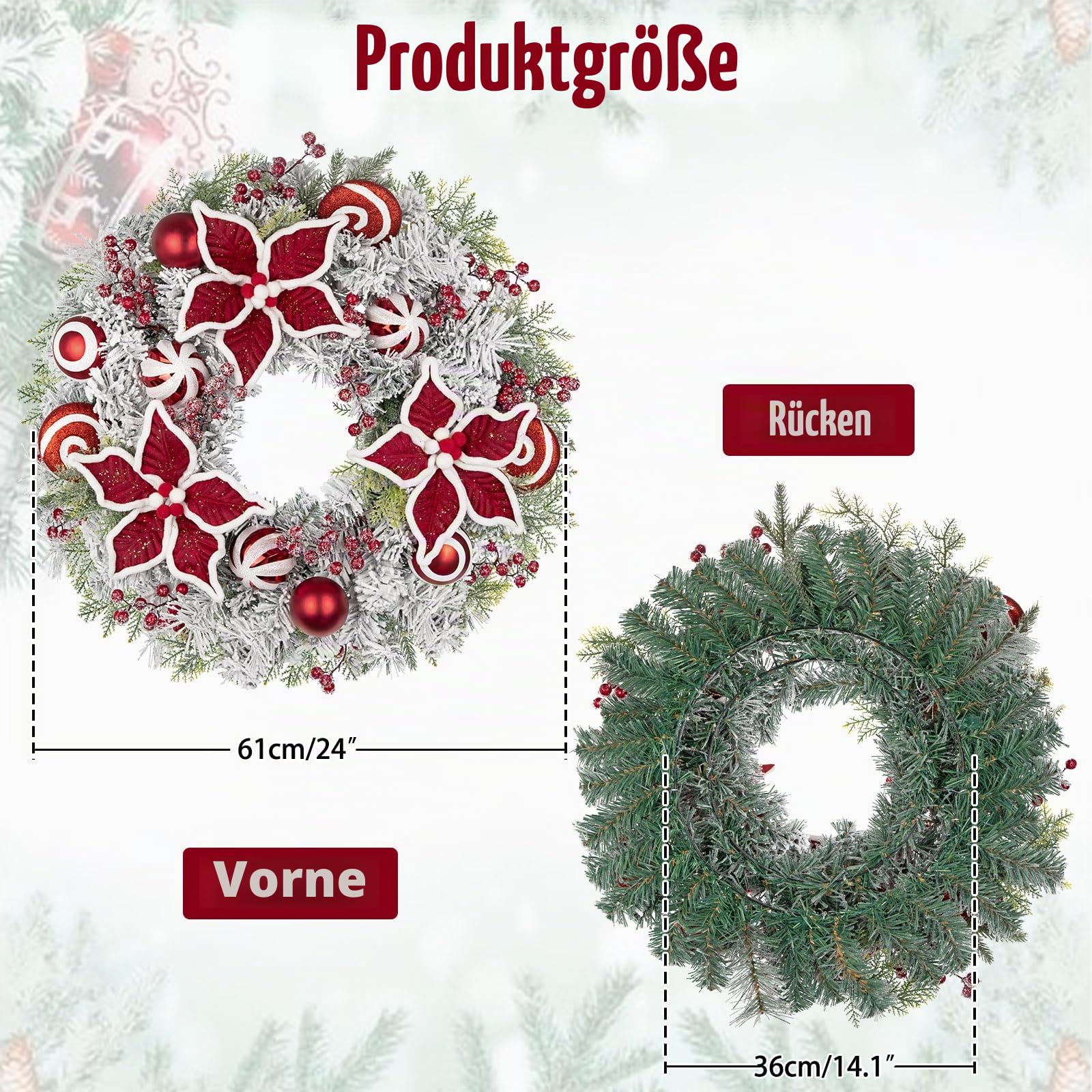 61cm Weihnachtskranz Künstlicher Kranz mit Dekorative Weihnachtskugeln, Schleife, Tannenzapfen Weihnachtsdeko Türkranz für Feste Advent, Hauswandbehang oder Weihnachtsdekoration