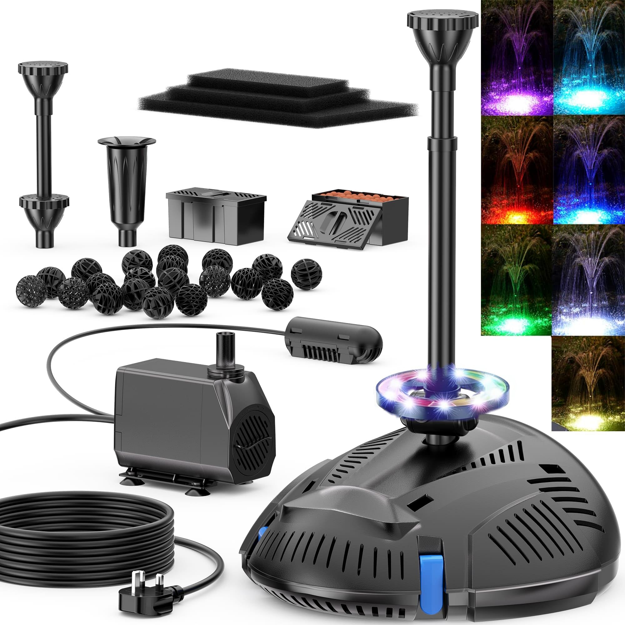 Biling Pond Filter with UV Clarifier Remote RGB Colour Lights, 2500 L/H Fountain Filtration Pump with 3 Nozzles for up to 4000L Garden Pond Care Water Features Stream Waterfall Treatment