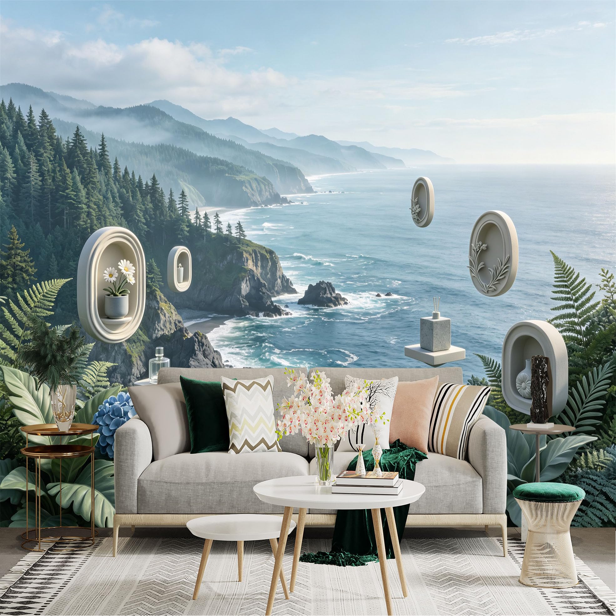 Lnzczhyre Bh260719125 Custom Size Wall Sticker Mural， Coastal Ocean Cliff View， Floating Minimalist Shelves With Flowers， Zen Nature Scenery， For Wall Decoration， Peelandstick Wall Decals.