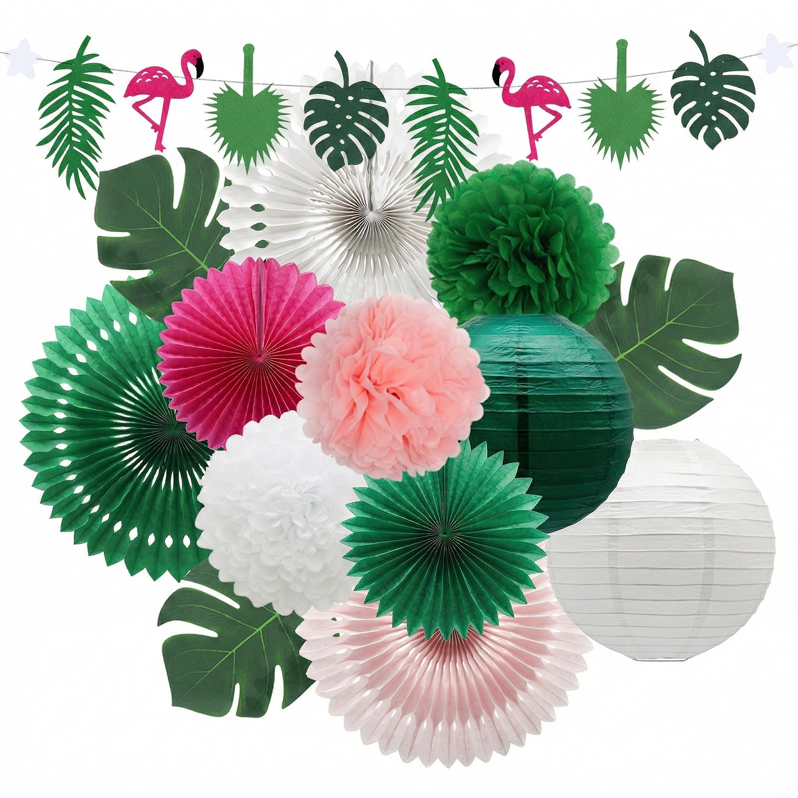 Photo 1 of 14 Pcs Tropical Party Decorations Set - Pre-Strung Flamingo Banner, Paper Fans, Lanterns & Palm Leaves - Hawaiian Themed Luau Party Decorations for Summer Beach, Pool & Birthday