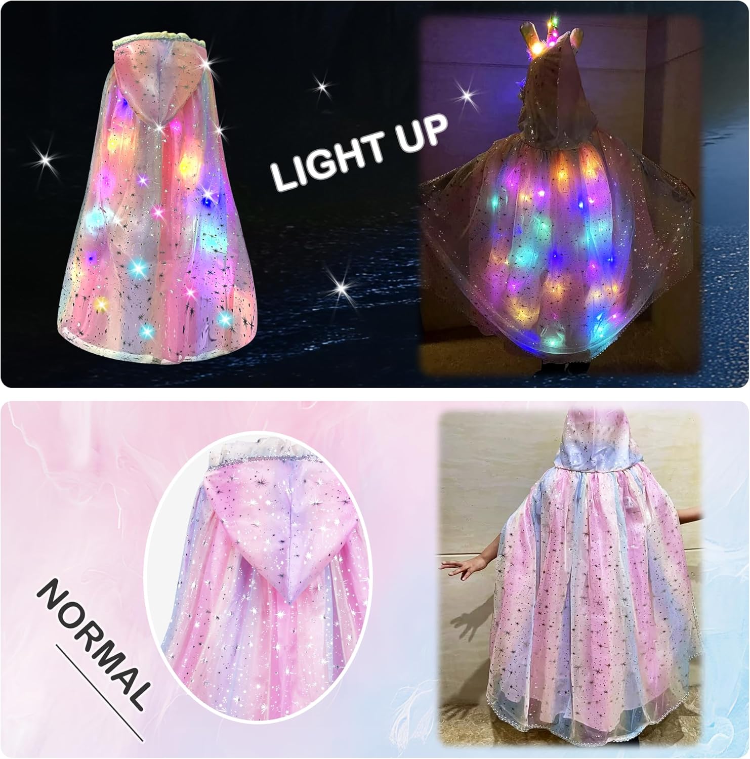 Unicorn Princess Dress Up Costume for Girls – Light-Up Rainbow Hooded Cape with Jewelry Box, 31PCS Gift Set for Kids Ages 3-8, Birthday & Halloween - Image 2