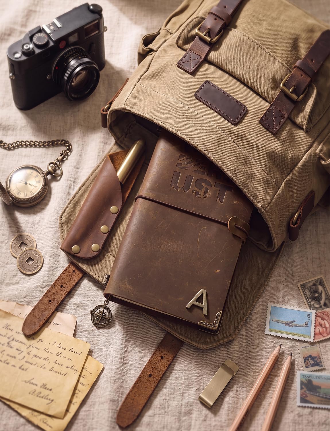 Refillable Genuine Leather Vintage Travelers Notebook with Initials (S) | Diario di viaggio con 3 inserti, 1 portapenne, 1 clip, regalo personalizzato per donne e uomini, compleanno, Natale