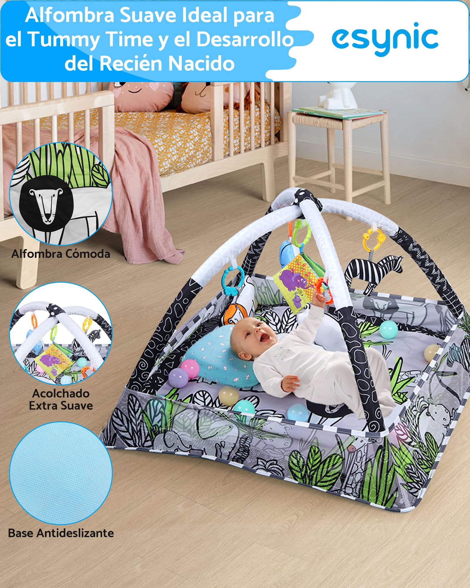 eSynic Baby Play Gym 7 en 1 con Arco y Juguetes Sensoriales Alfombra de Juegos para Bebé con Bordes de Malla Colchoneta de Actividades con Pelotas Bebé Fácil de Instalar Regalo para Recién Nacido