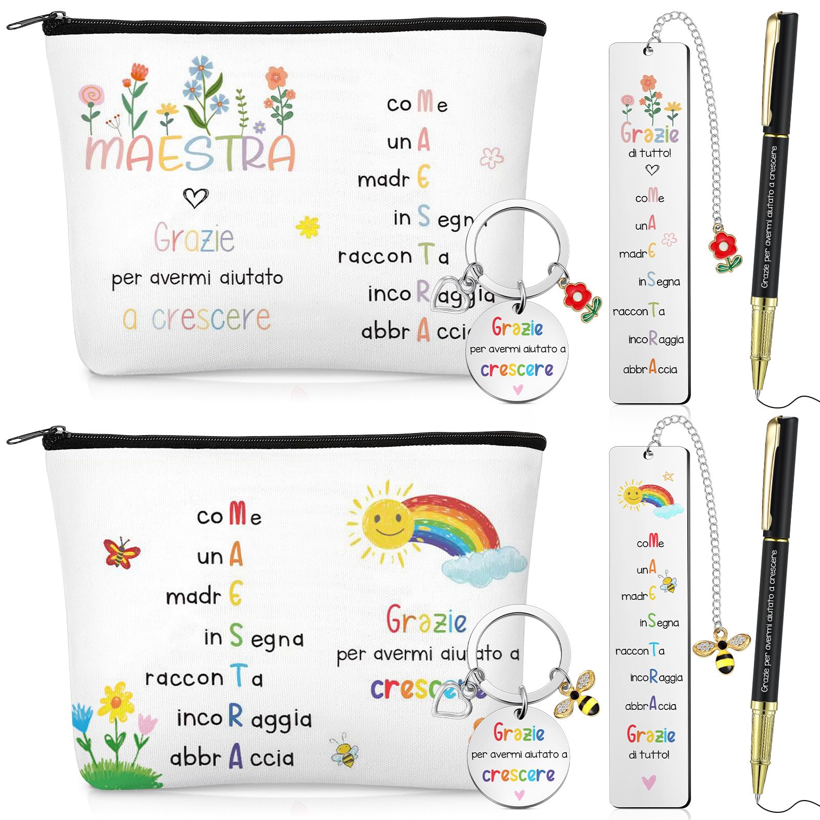 Xuniea 2 Set Regali Maestra Fine Anno Include 2 Segnalibri Maestra 2 Pochette 2 Penne e 2 Portachiavi Idee Regalo Insegnanti Pensieri per Asilo Grazie per Avermi Aiutato a Crescere