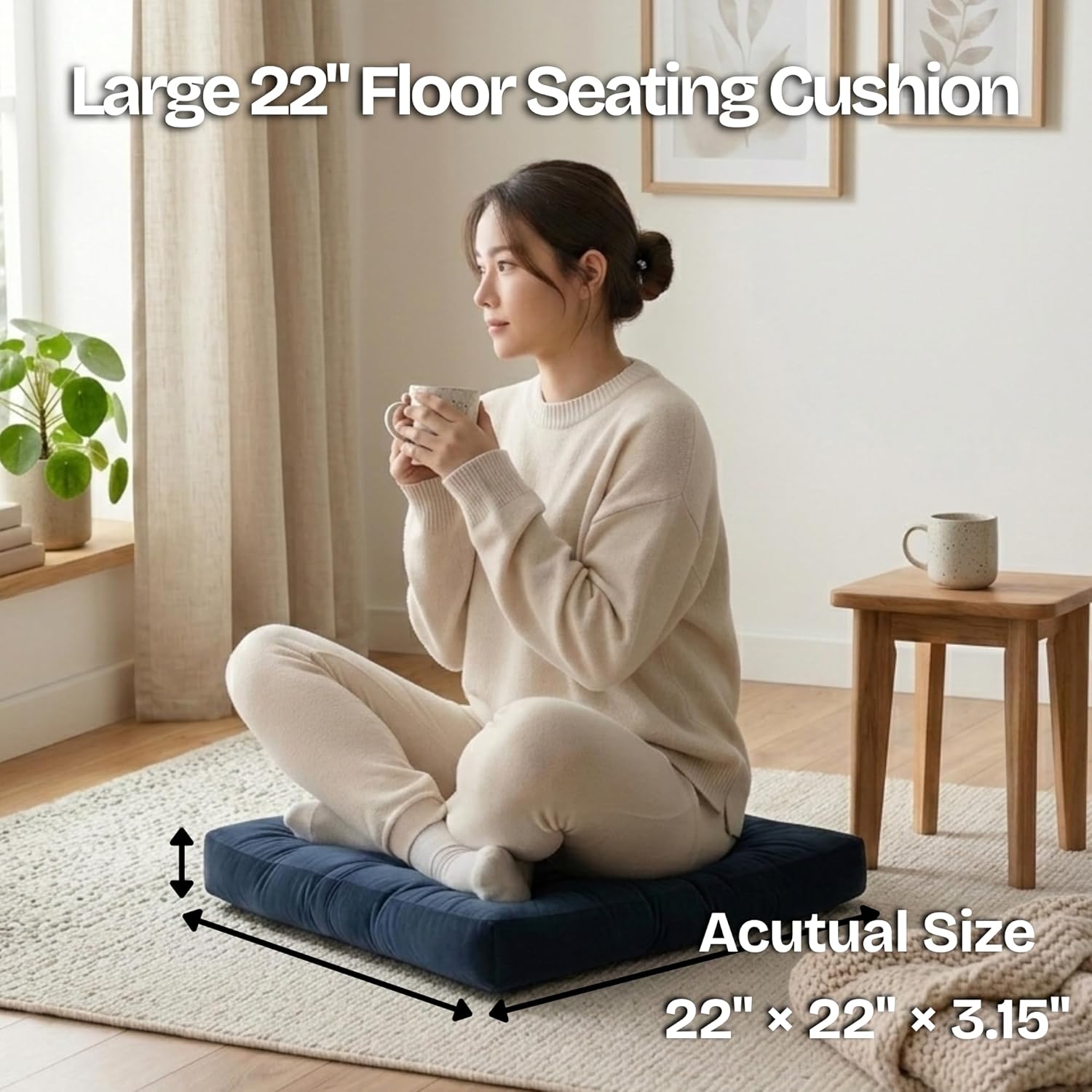 Meditation Cushion Set of 2, Floor Cushions for Adults, Velvet Floor Pillows for Sitting, Tufted Seat Cushions for Yoga, Living Room, Bedroom & Reading Nook, Machine Washable, 22 x 22 Inch, Navy