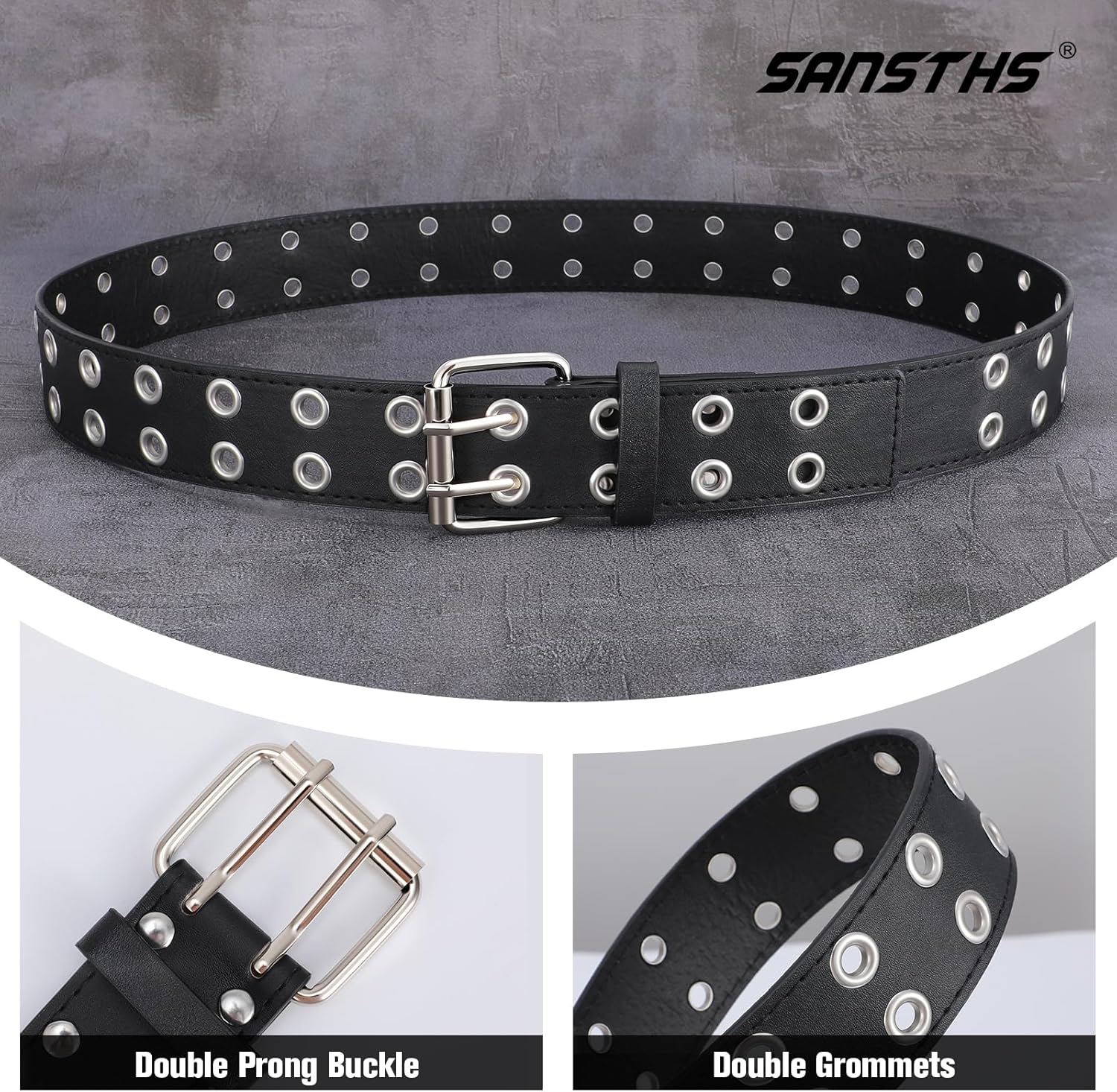 SANSTHS Women Double Grommet Studded Belts, Black Leather Belt for Women Men Punk belt - Image 5