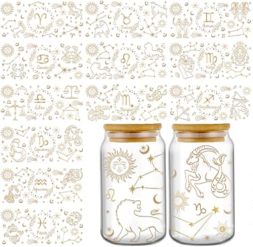 Rngmsi UV DTF Cup Wrap - 12 Sheets Constellation UV DTF Cup Wraps for 16 oz Zodiac Uvdtf Cup Wraps Waterproof Golden Star Personalized UV DTF Wraps for Glass Cups Wood Crafts