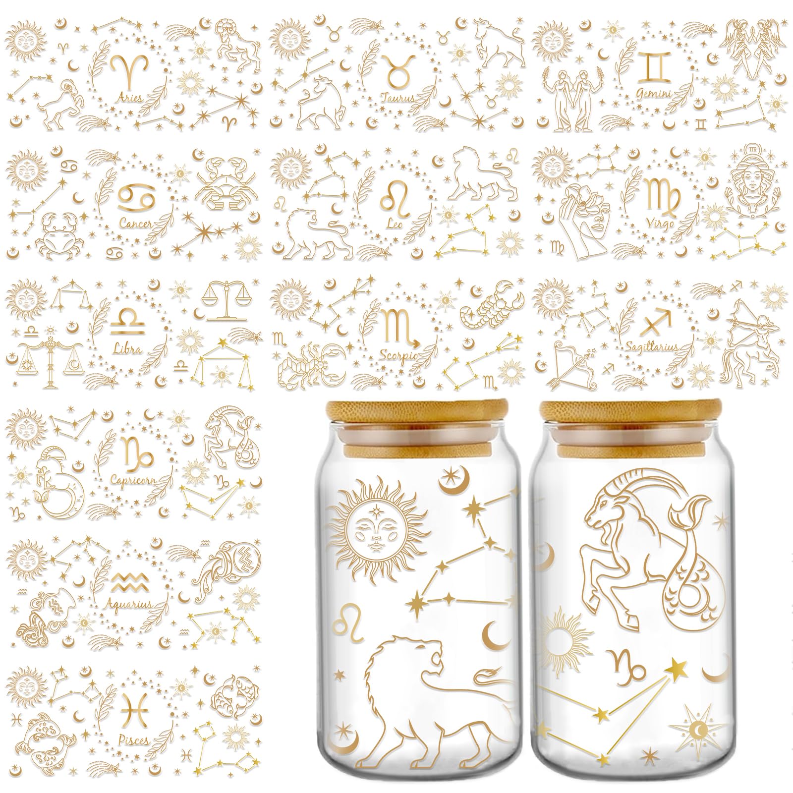 Rngmsi UV DTF Cup Wrap - 12 Sheets Constellation UV DTF Cup Wraps for 16 oz Zodiac Uvdtf Cup Wraps Waterproof Golden Star Personalized UV DTF Wraps