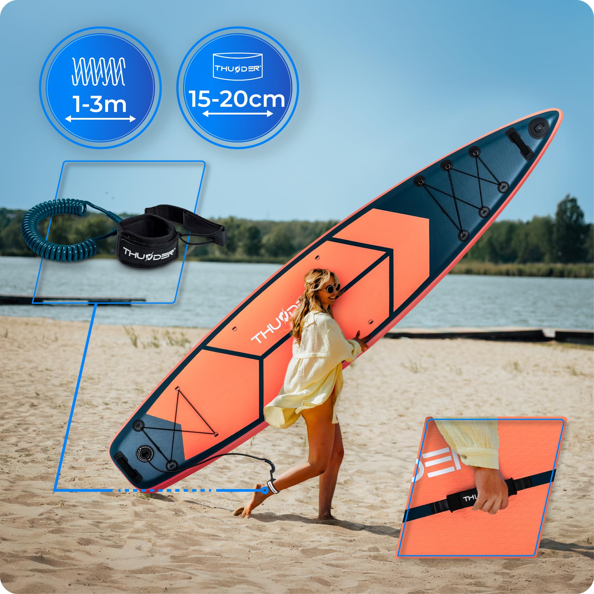 THUNDER Sup Gonflable 365 cm avec Siège Kayak & Support Caméra – Set Touring Complet avec Pompe, Pagaie & Sac à roulettes – Sup Pro jusqu'à 150 kg