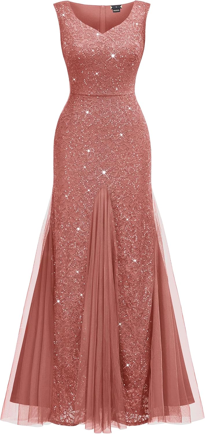 Miusol Women's Elegant V Neck Sleeveless Sequin Lace Evening Party Dress - Image 5
