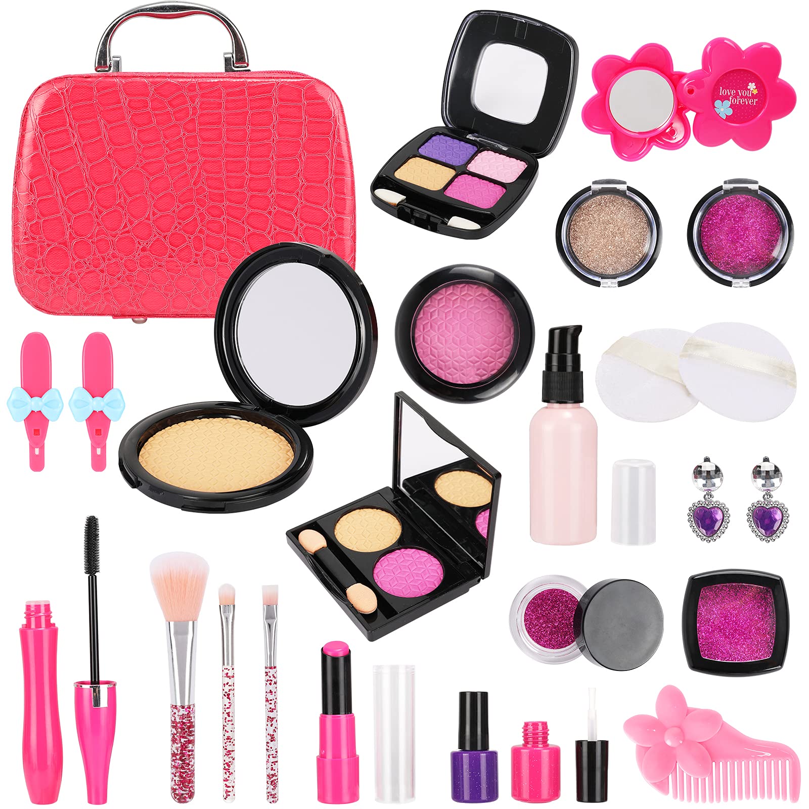 Fixget Pretend Makeup Set, 25 PCS Kids Princess Makeup Kit with Cosmetic Case, Makeup Toy Set for Toddler Girls, Beauty Toy Set for Age 3+ Girls Party Game Play Birthday Gift(Not Real Makeup)