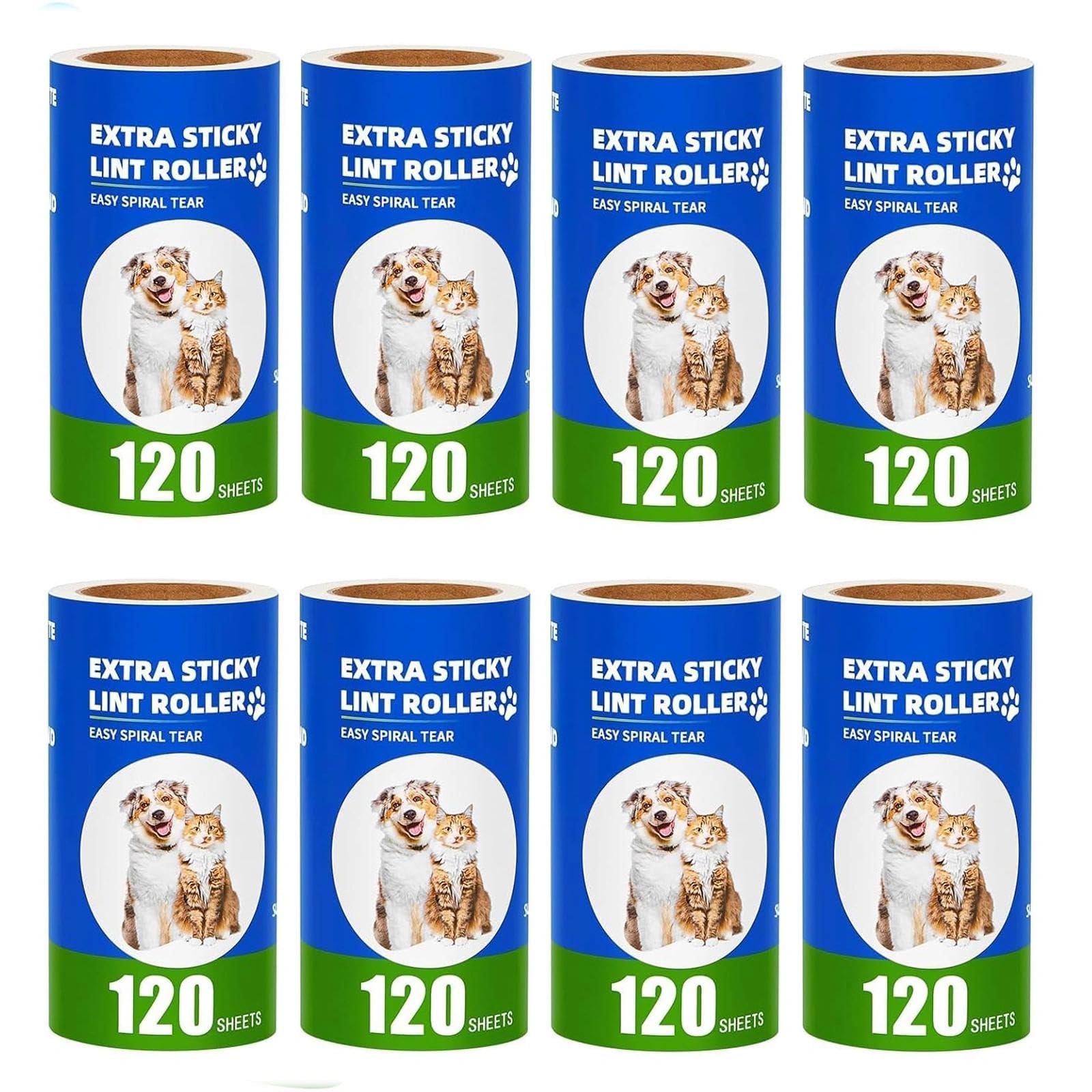 Omtofo 960 Fogli Rullo Peli Animali 8 Rotoli, Spazzola Adesiva, Rullo Adesivo Togli Peli Animali, Lint Roller per Vestiti, Capelli, Pelo di Cane, Pelo di Gatto, 120 Fogli/Rotoli