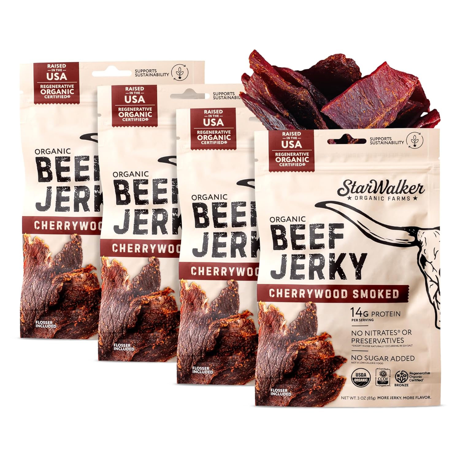 Starwalker Organic Simply Salt & Pepper Beef Jerky 12 oz – 4-Pack Regenerative Organic Certified® – 3 Ingredients, Single Ranch – 172g Protein, Zero Sugar – No Nitrates – Keto, Paleo, Carnivore