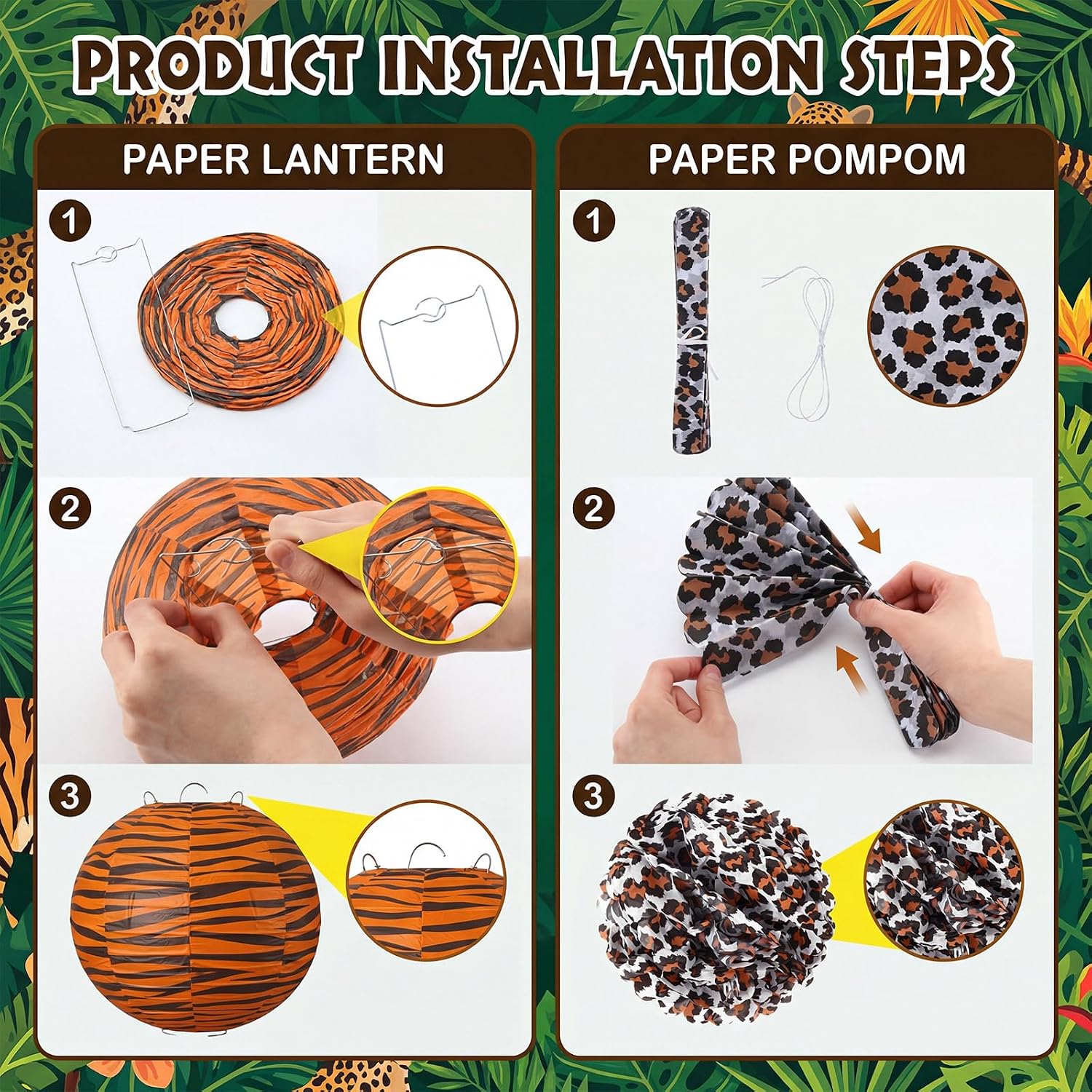 Gerrii 15 Pcs Jungle Safari Paper Decoration Wild Animal Print Hanging Lanterns Jungle Tissue Paper Pom Poms for Safari Theme Animal Birthday Party Decors Farm Home Classroom Doorway Ceiling Supplies