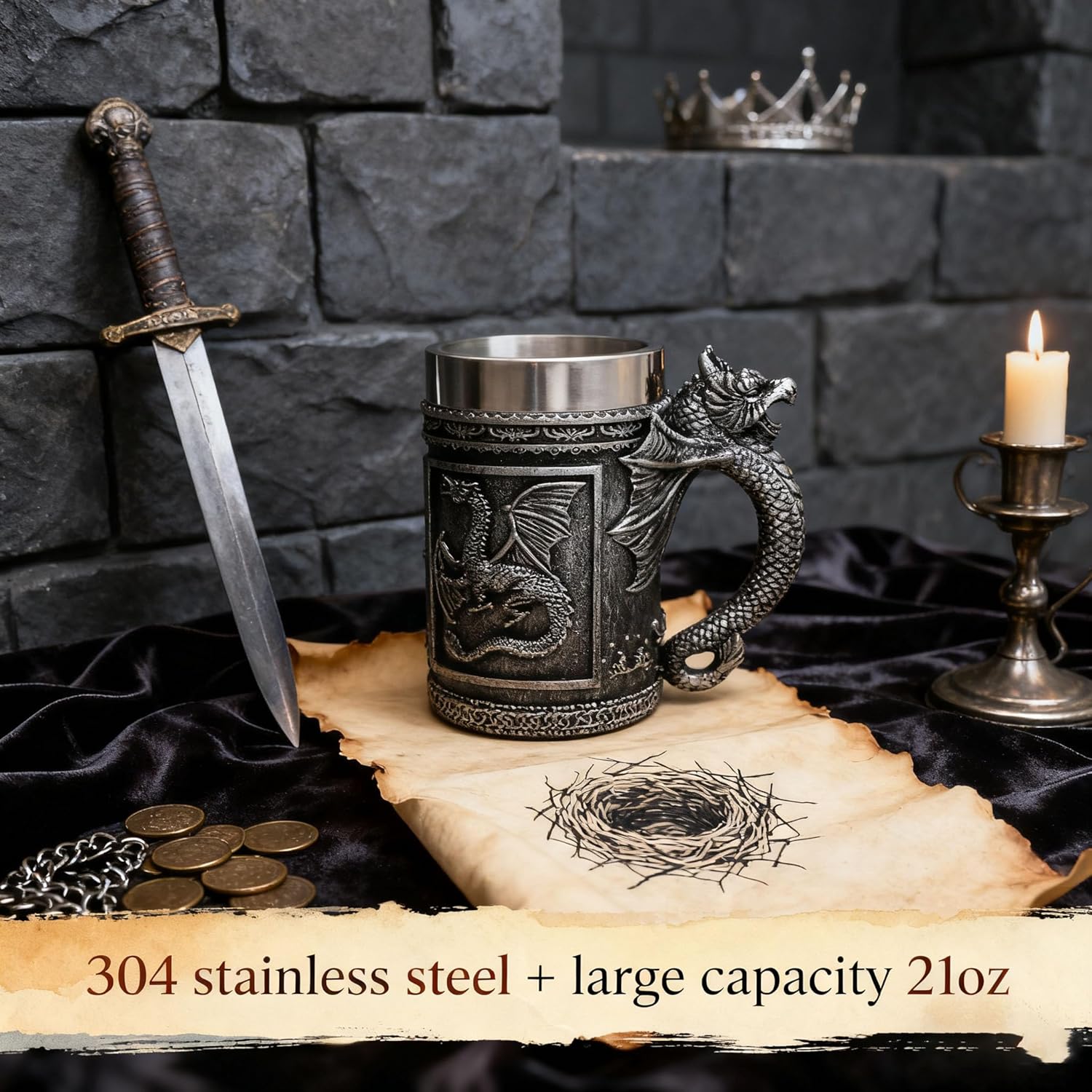 alikiki Dungeons and Dragons Coffee Mug Large - GOT D&D Gaming Beer Mugs Gifts for Men - 21oz Stainless Steel Drinking Tankard Coffee Cup Dragon Gift for Lovers Collector Party Decoration - Image 2