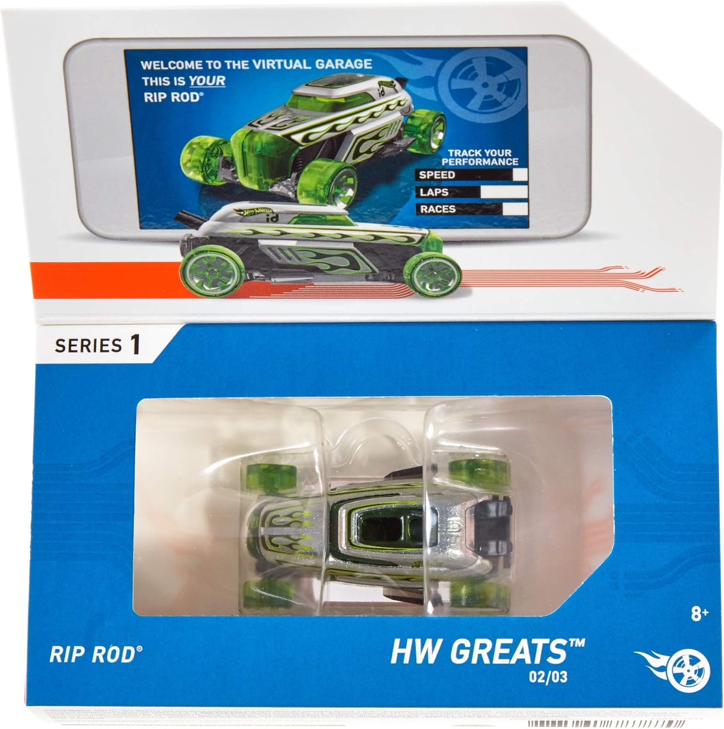 Hot Wheels id Rip Rod packaging back, showing 'WELCOME TO THE VIRTUAL GARAGE' and performance tracking.