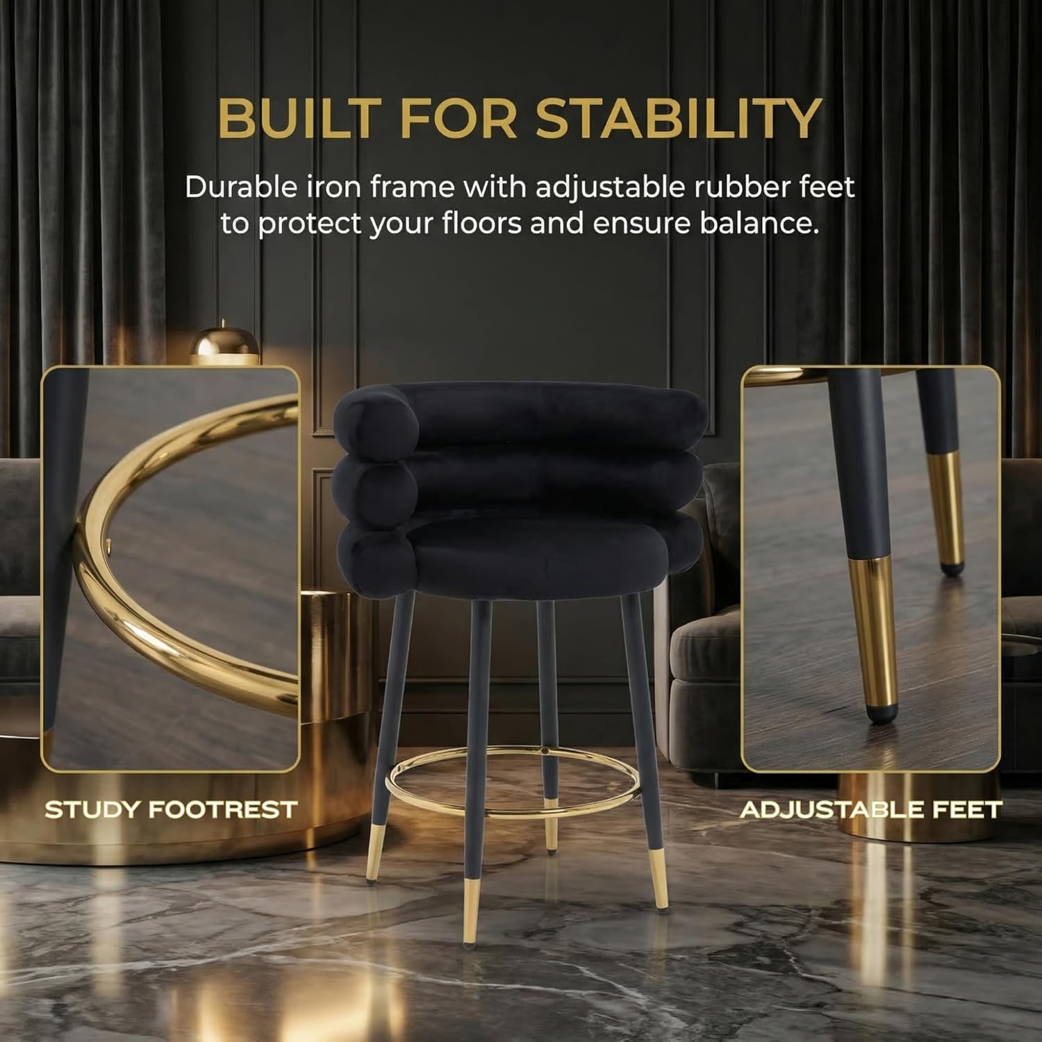 Hyfirm 26" Counter Height Bar Stools Set of 4, Velvet Fabric Upholstered Barrel Barstools with Backrest and Arms, Modern Padded Kitchen Island Chairs, Black Metal Legs with Golden Cups, Black