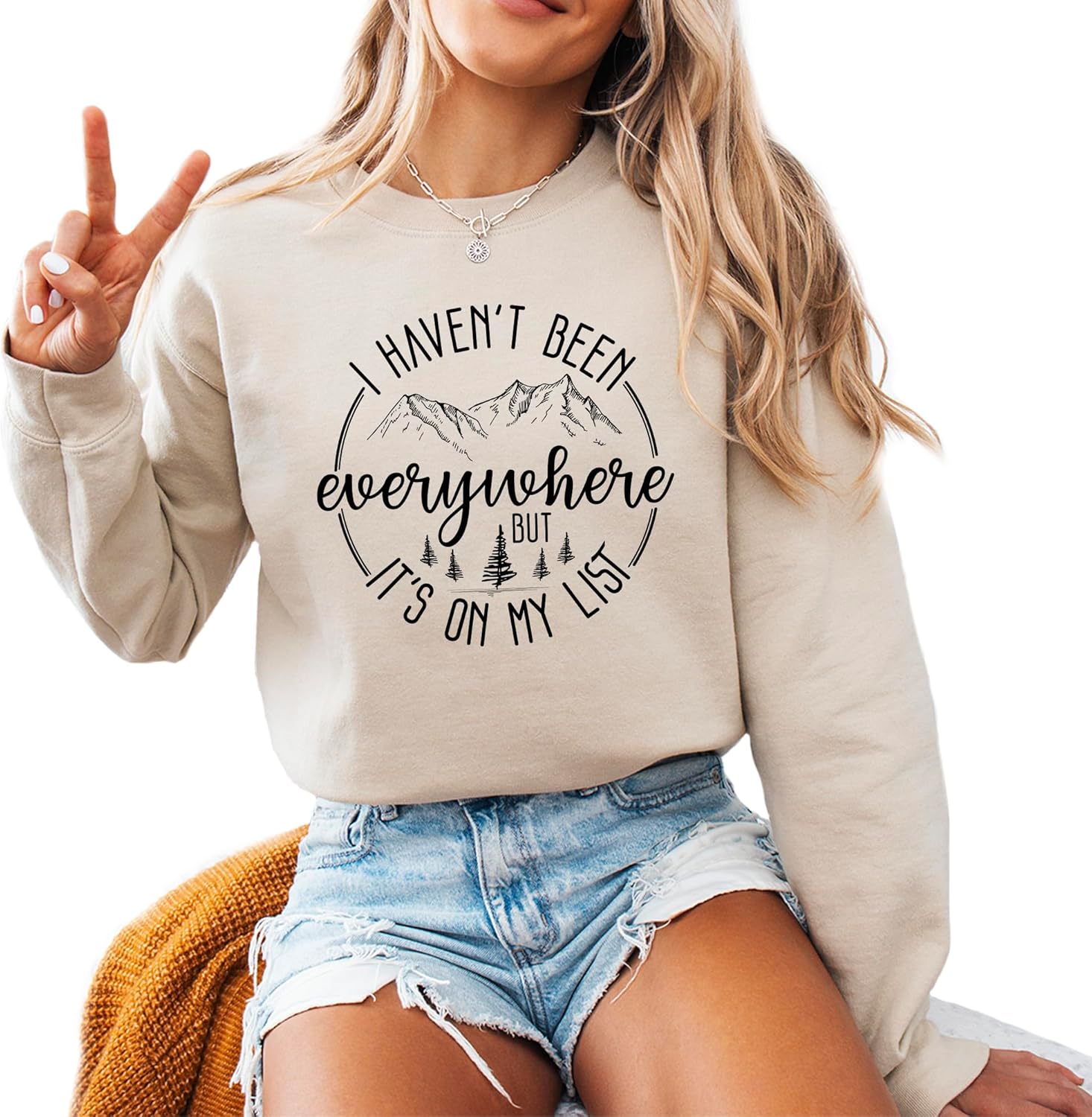 Verita Culture I haven't been everywhere but it's on my list Mountain traveling Camping Hiking Men Women's Long Sleeve Crewneck Sweatshirt flower Print Graphic Shirts Pullover Tops Military Green