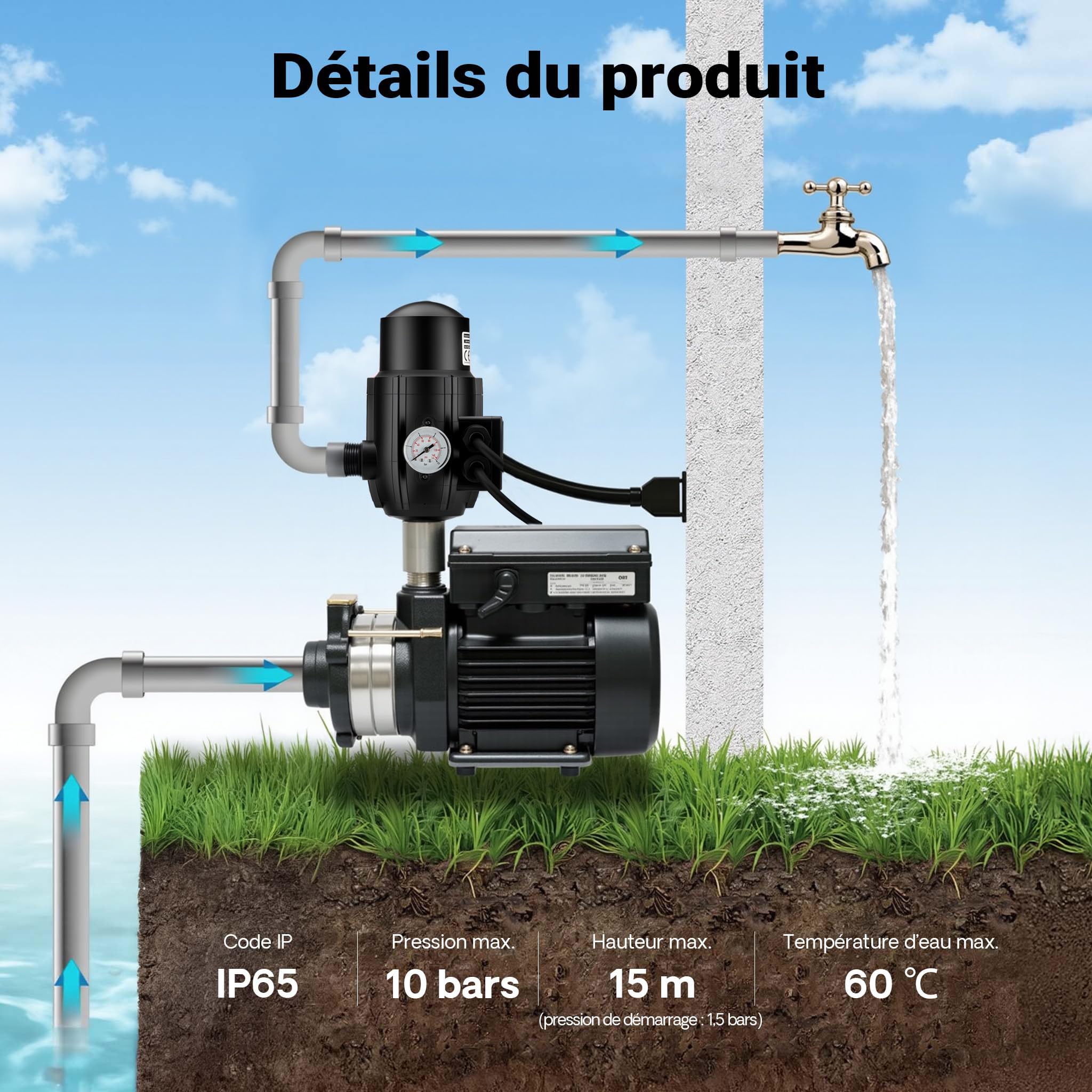 Wiltec Pressostat EPC-2 – 145 x 225 x 125 mm – 230 V – 10 bars – avec 2 Câbles – Réseaux d’eaux domestiques & Pompes monophasées – Anti-marche à sec
