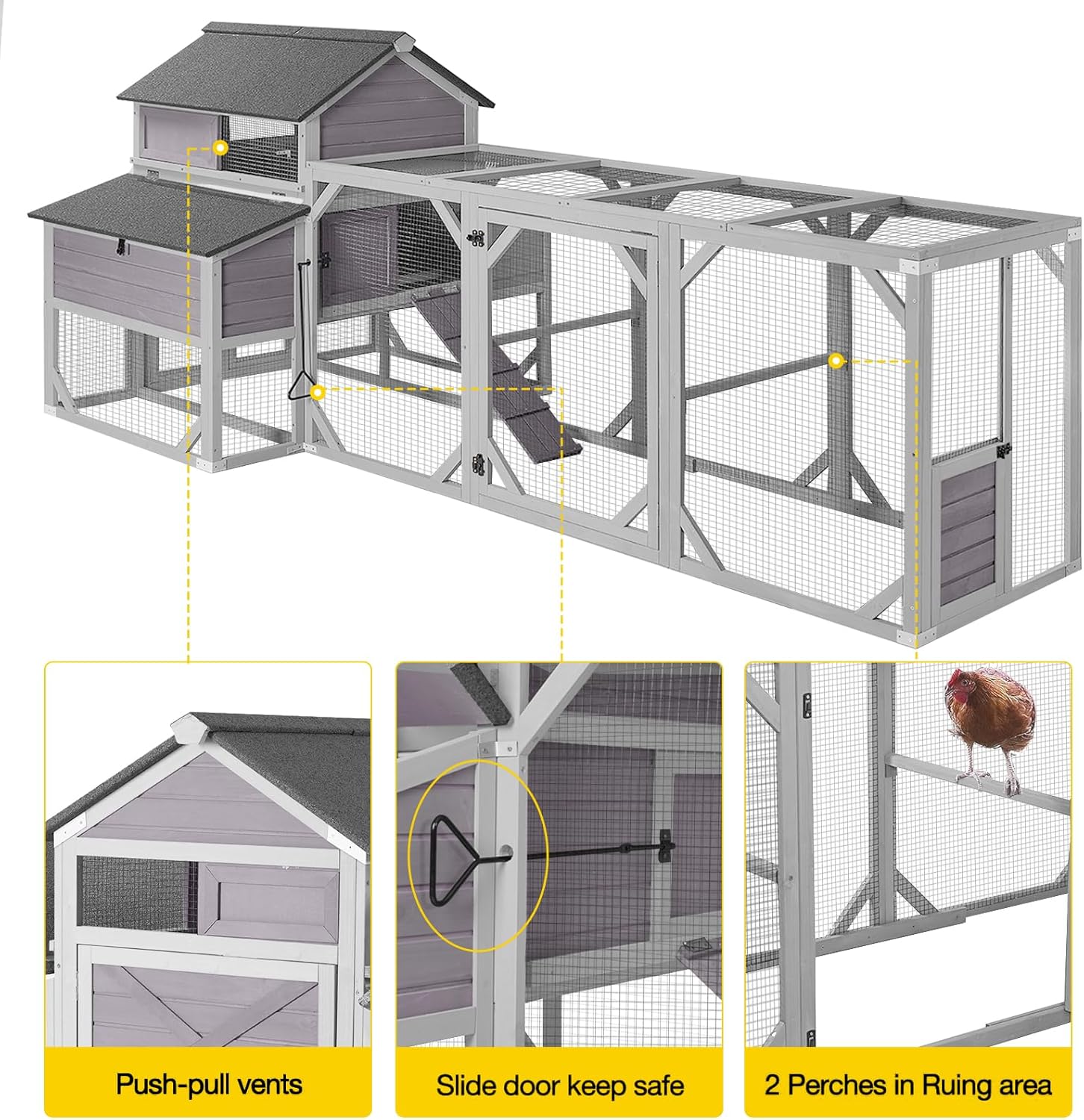Chicken coop features including push-pull vents, secure sliding door, and perches in the run