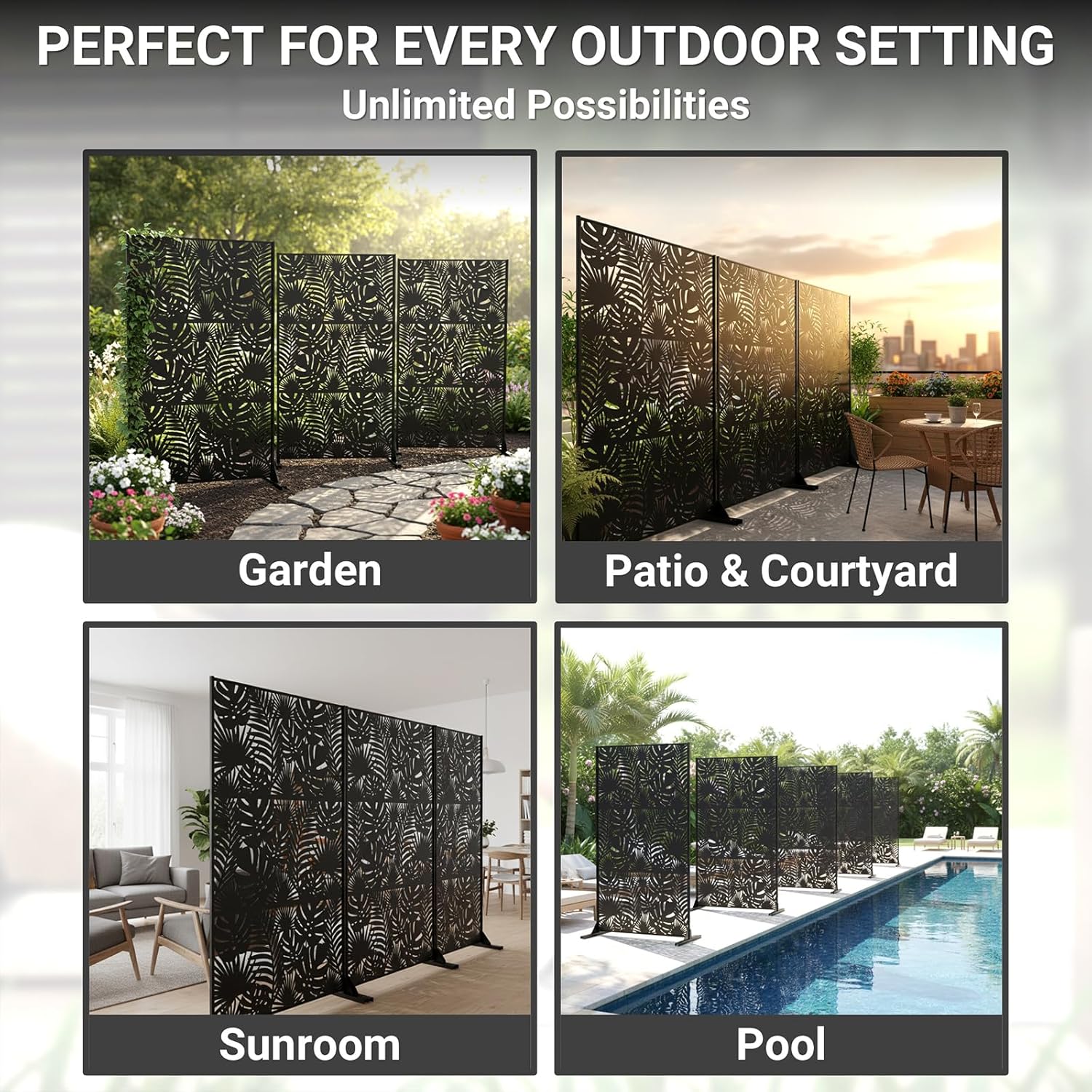 Metal Privacy Screen Outdoor – 72in Decorative Laser Cut Steel Garden Divider Panel with Tropical Leaf Design, Weatherproof Freestanding Modern Privacy Fence for Patio, Deck, Backyard & Balcony
