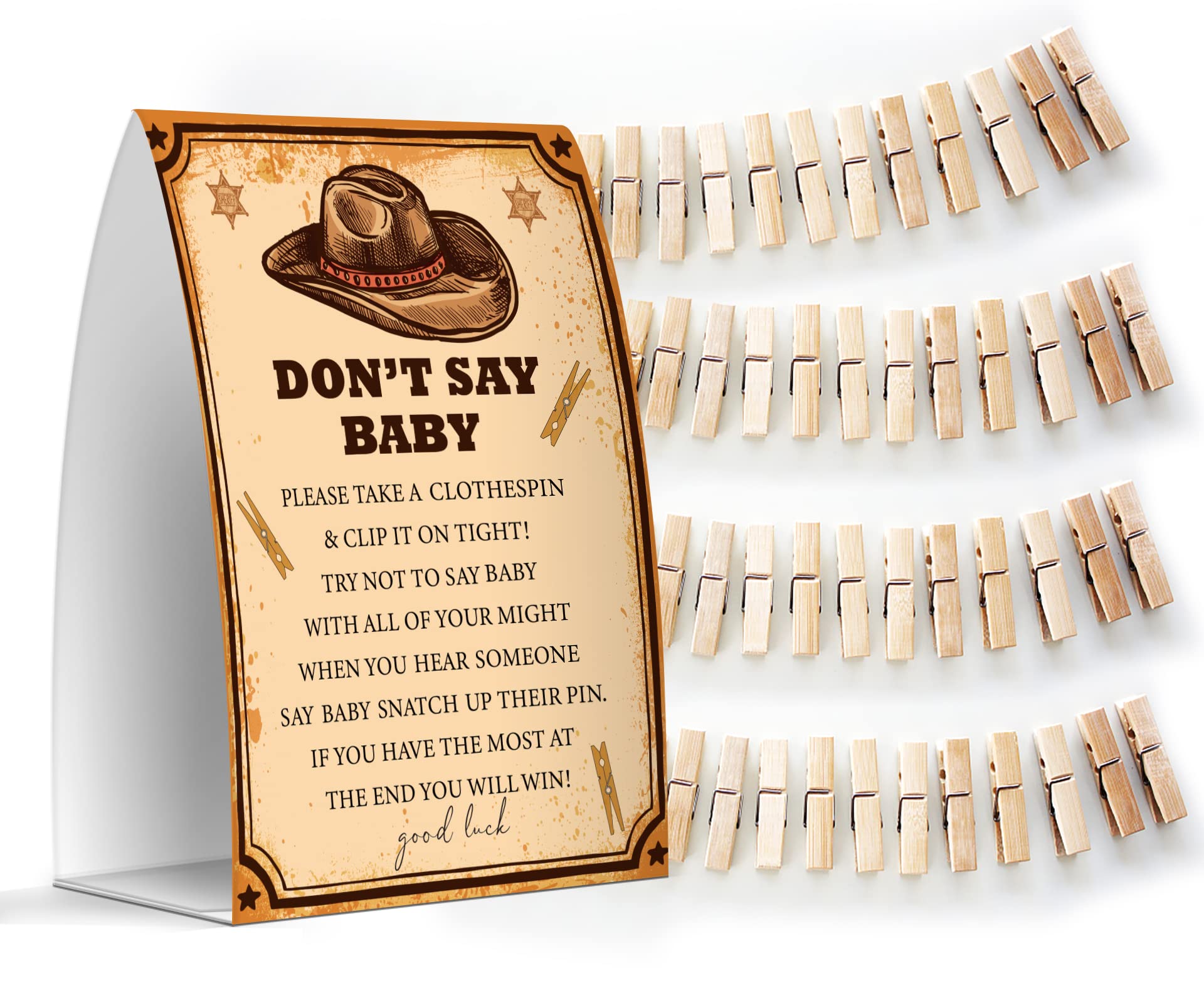 Don't Say Baby Set - One 5x7 Sign and 50 Mini Clothespins, Baby Shower Games, Baby Shower Decoration, Gender Neutral Baby Shower - MsJb020