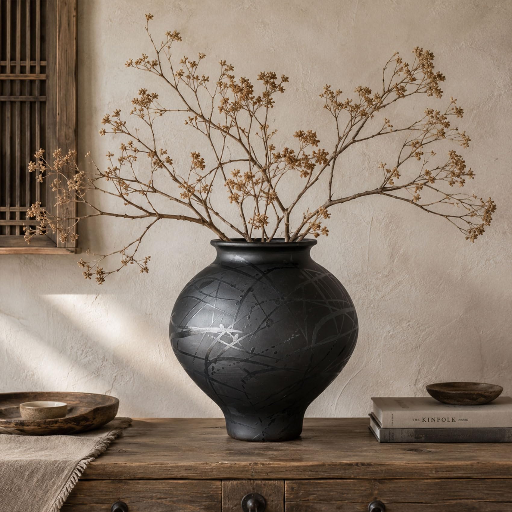 Jarrón grande de cerámica negra de 11 pulgadas, jarrón redondo rústico negro mate para flores, cerámica Wabi Sabi, decoración del hogar para sala de estar, mesa, consola, entrada, centro de mesa