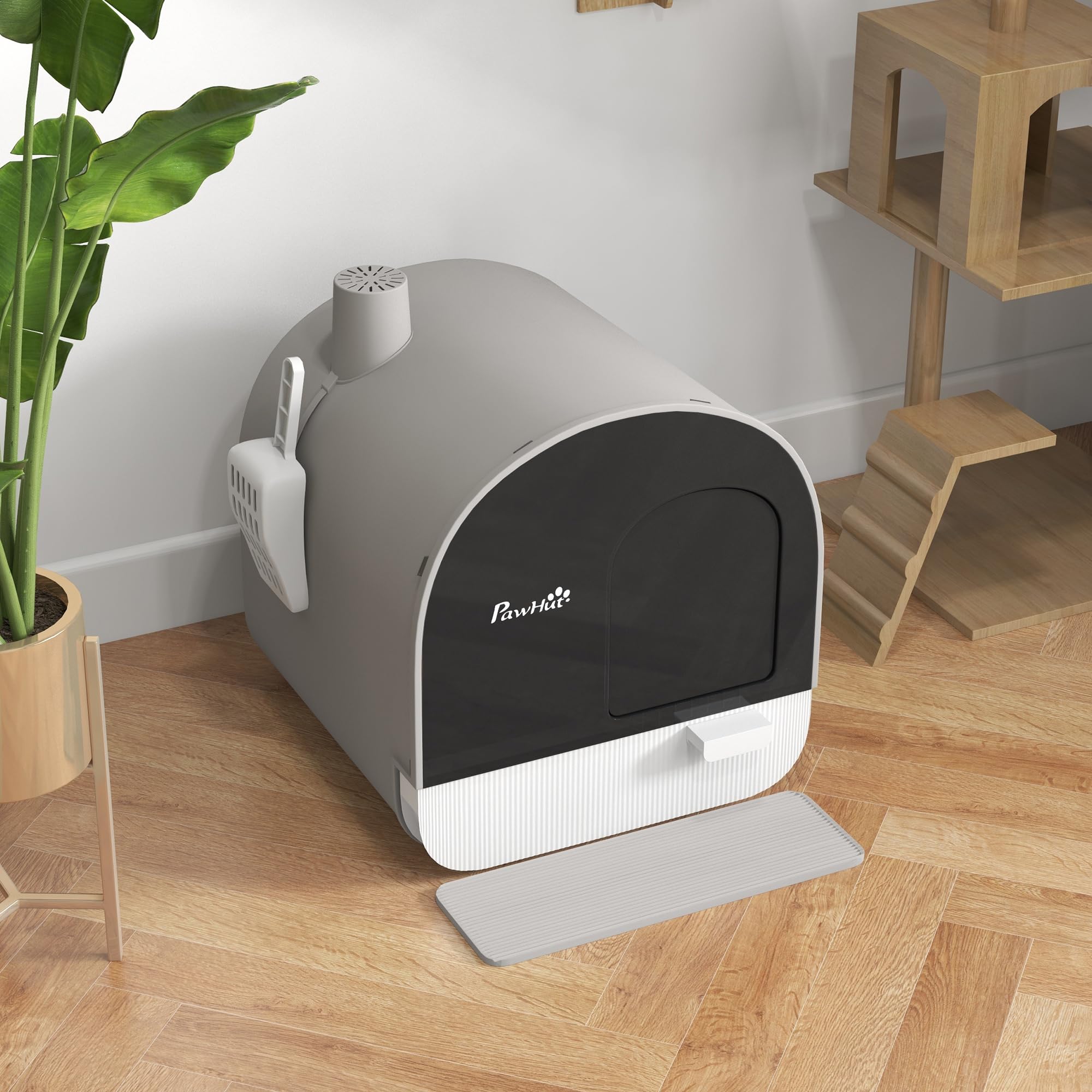PawHut Bac à litière pour Chat Maison de Toilette pour Chat avec Porte battante, Pelle et Filtre Inclus dim. 43L x 44l x 47H cm - Gris