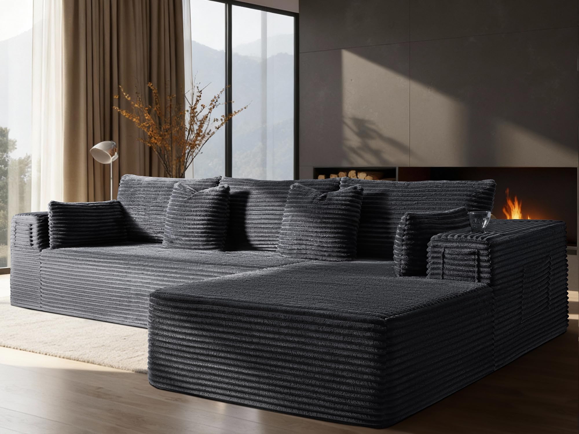 108" Oversized Cloud Sectional Couch, Comfort L Shaped Boneless Couch for Living Room, Extra Deep Seats No Assembly, Minimalist Modular Sofa, Corduroy (Dark Grey, 2 Seater+Right Facing Chaise)