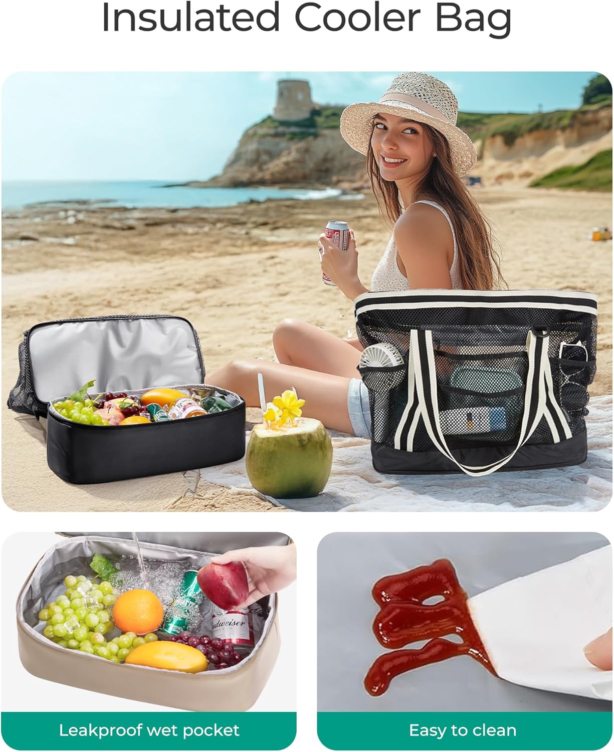 BAGSMART Beach Bag for Women, Mesh Tote Bags with Zipper, Sandproof Vacation Essentials with Cooler for Swim Cruise Pool - Image 4