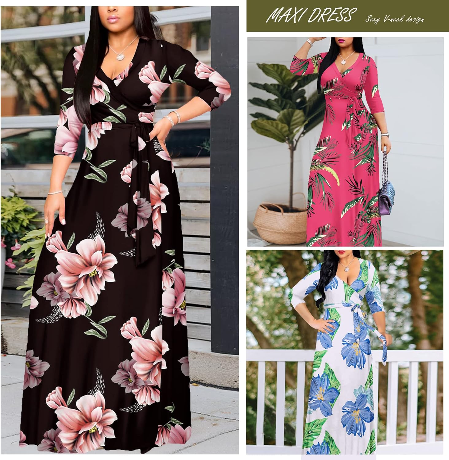 AOMONI Women's Floral Print Maxi Dresses Summer with Pockets Casual 3 4 Sleeve V-Neck Wrap Tie Waist Long Dress, M-3XL - Image 5