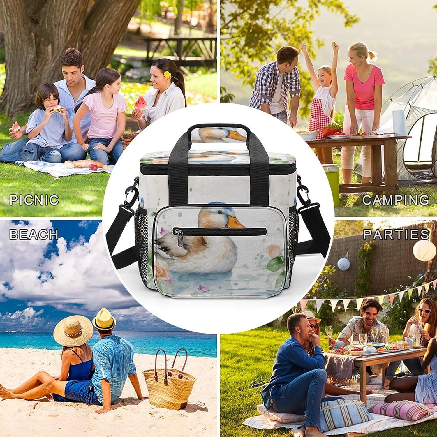 Camping Ice Pack, Watercolor Duck Print Cooler Bag, 22.5L Large Capacity Insulated Lunch Tote Bag for Outdoor, Picnic, BBQ, Travel, Work