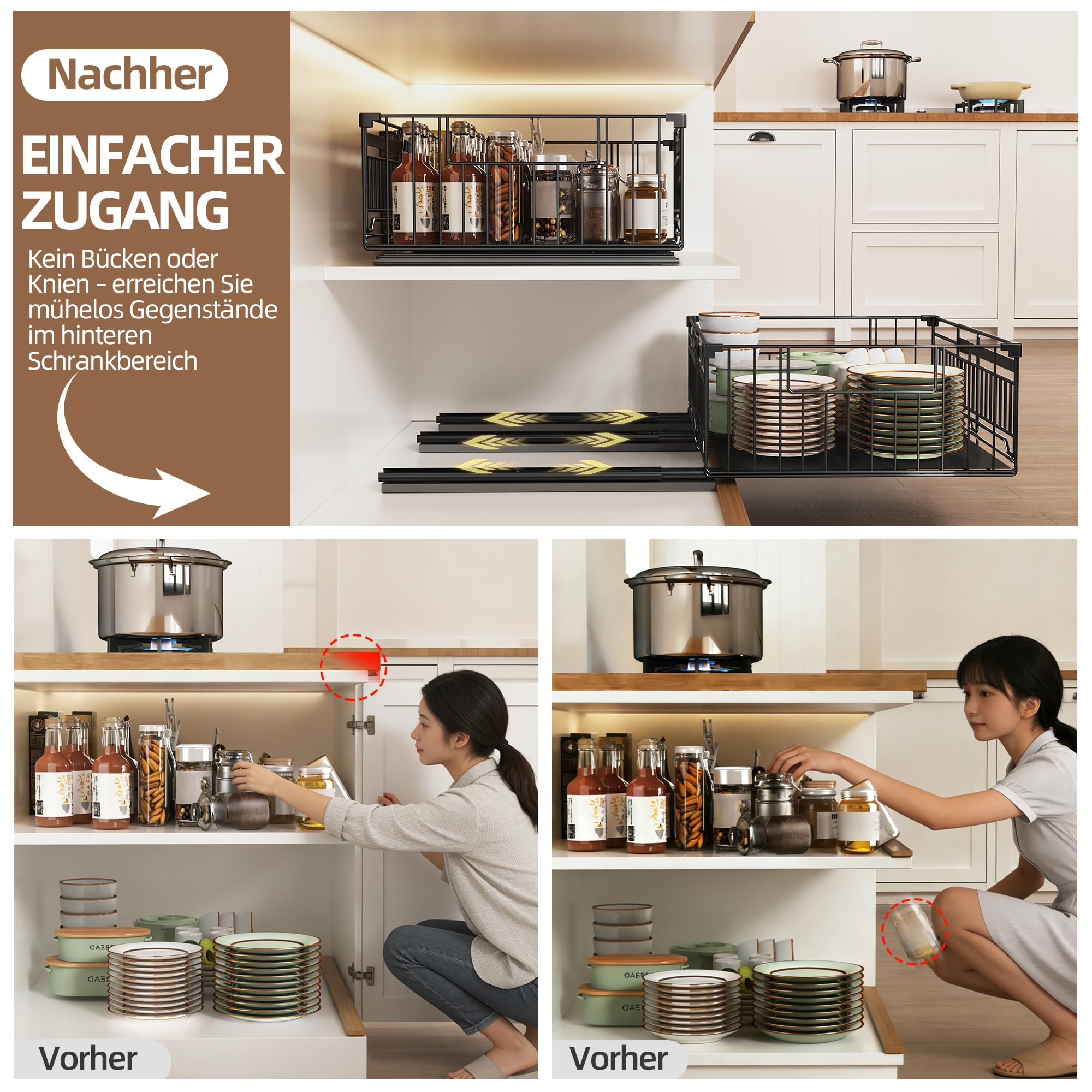 NETEL 2 Stück teleskopschublade, ausziehbare schublade küche,schubfach ohne bohren,ausziehbare schrankkörbe,küchenschubladen,ausziehbarer schrank-organizer,Schwarz,33-51W x 38D x 17H CM