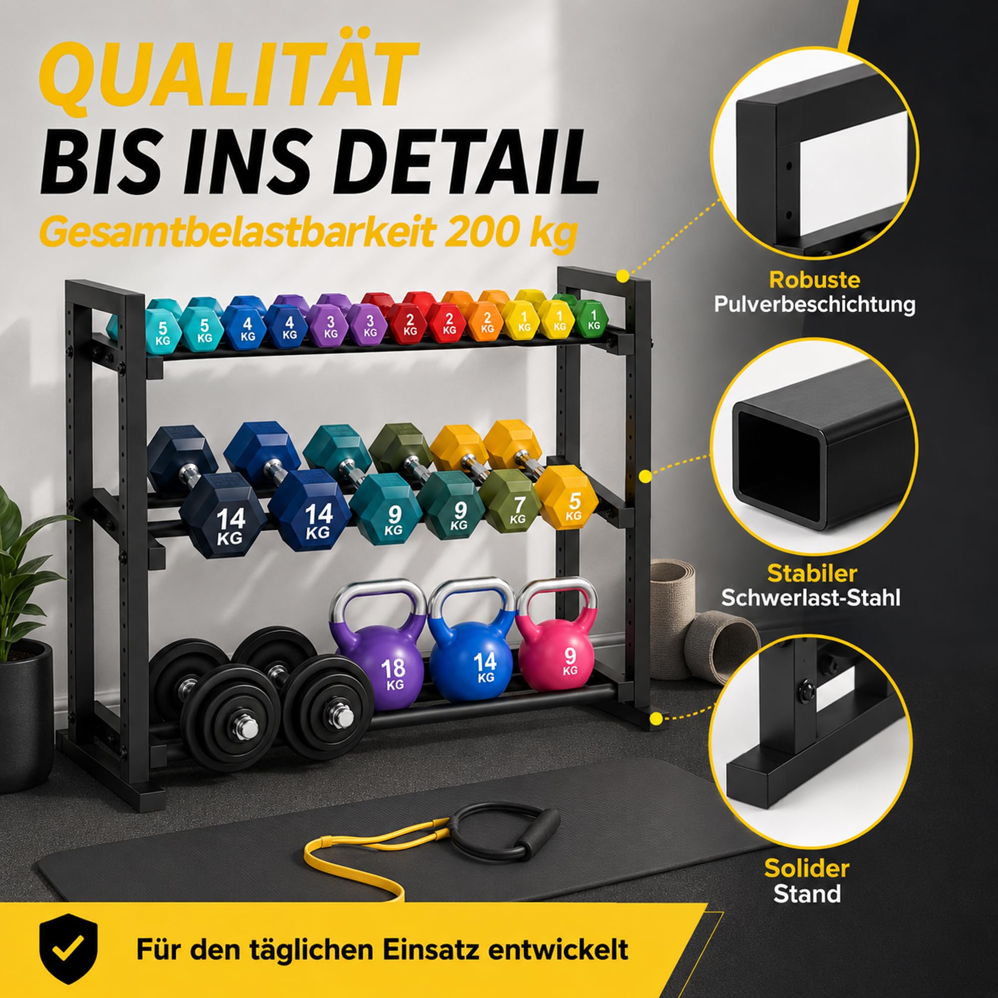 Hantelständer, Kippsichere Hantelablage mit verbreiterter Basis, Schwerlast Hantelbaum aus Stahl für Home Gym (bis 200kg), Verstellbare Aufbewahrung für Kurzhanteln