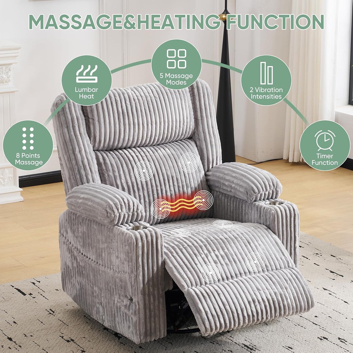 Power Recliner Chair with Massage and Heat, Oversized Swivel Rocker Recliner for Adults with Adjustable Headrest, Nursery Glider with Arm Storage and Cup Holder, Light Grey