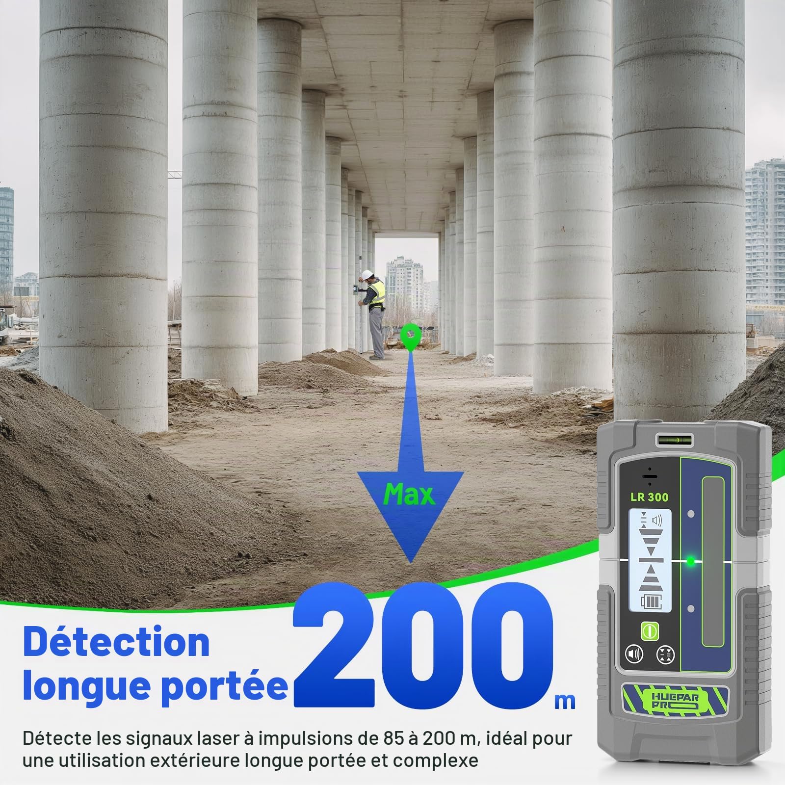 Huepar Pro Récepteur Laser Mode Impulsion Détecteur de Ligne pour Niveaux Laser, Extérieur 60 m, Modes Double Précision, Étanchéité IP65, Pince Magnétique, LCD+LED, Autonomie de 20 Heures