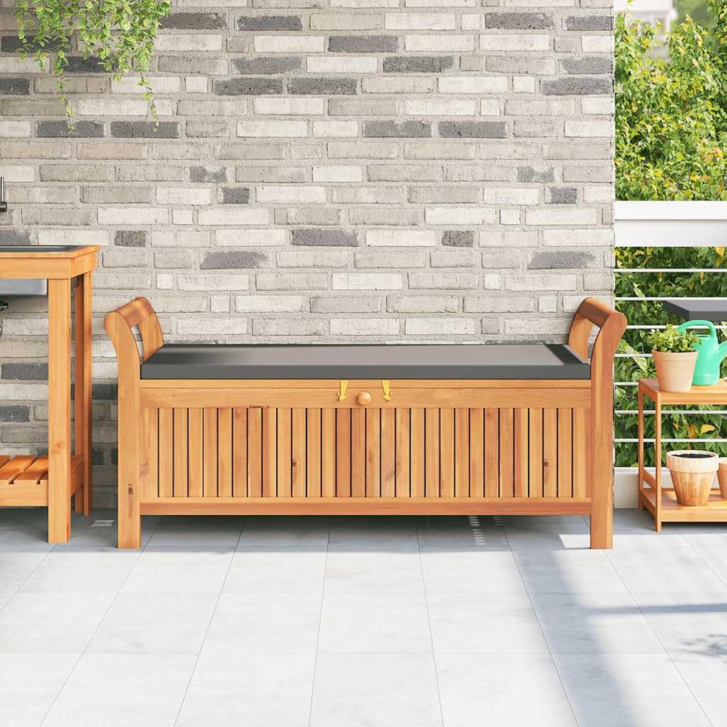 Gecheer Garden Storage Bench with Cushion – 126 cm Solid Acacia Wood Outdoor Bench with Ample Storage Space and Dark Grey Foam Seat