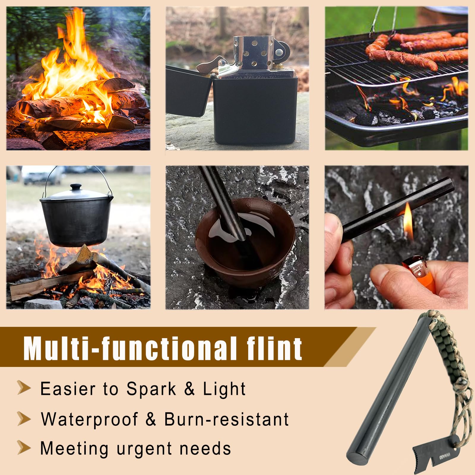 VVAAGG 10 cm duże pręty Ferro, Survival Flint Fire Starter Kit z pomarańczową rączką paracordu i zaczepem