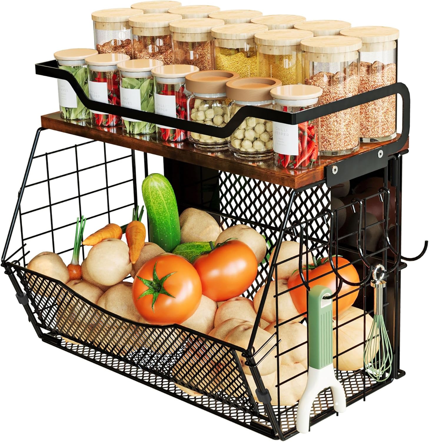 Magnetic Shelf for Fridge with Wood Lid, Large Capacity Magnetic Spice Rack for Refrigerator with 4 Hooks, Magnetic Basket for Kitchen Pantry Laundry Organizers Storage(2 Pack)