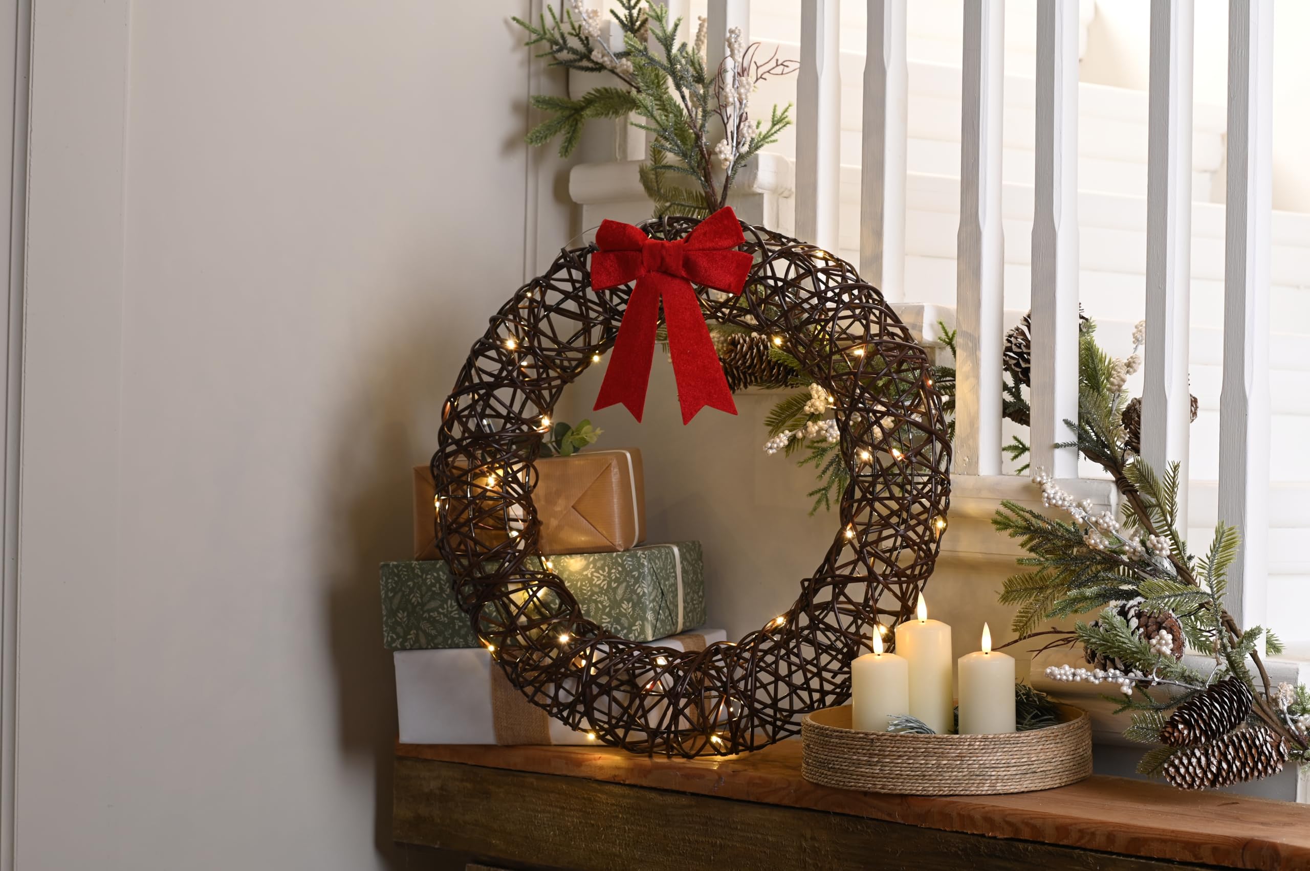 Festive Productions Multicolor 50Cm Battery Operated Lit Christmas Wreath With Red Bow – 40 Warm White Led Lights & Timer Function