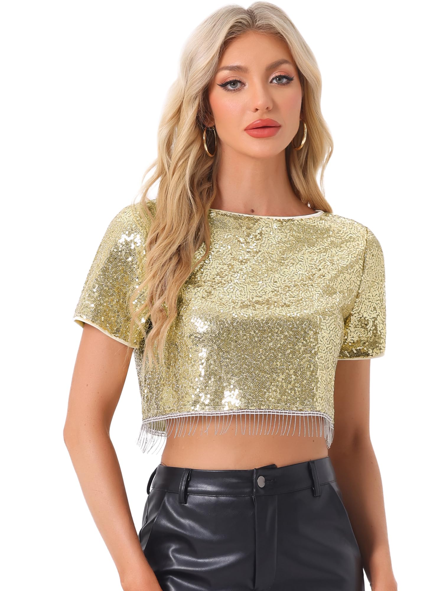 Allegra K Top con paillettes da donna costumi natalizi glitterati manica corta girocollo nappa cocktail party camicette eleganti top scintillante