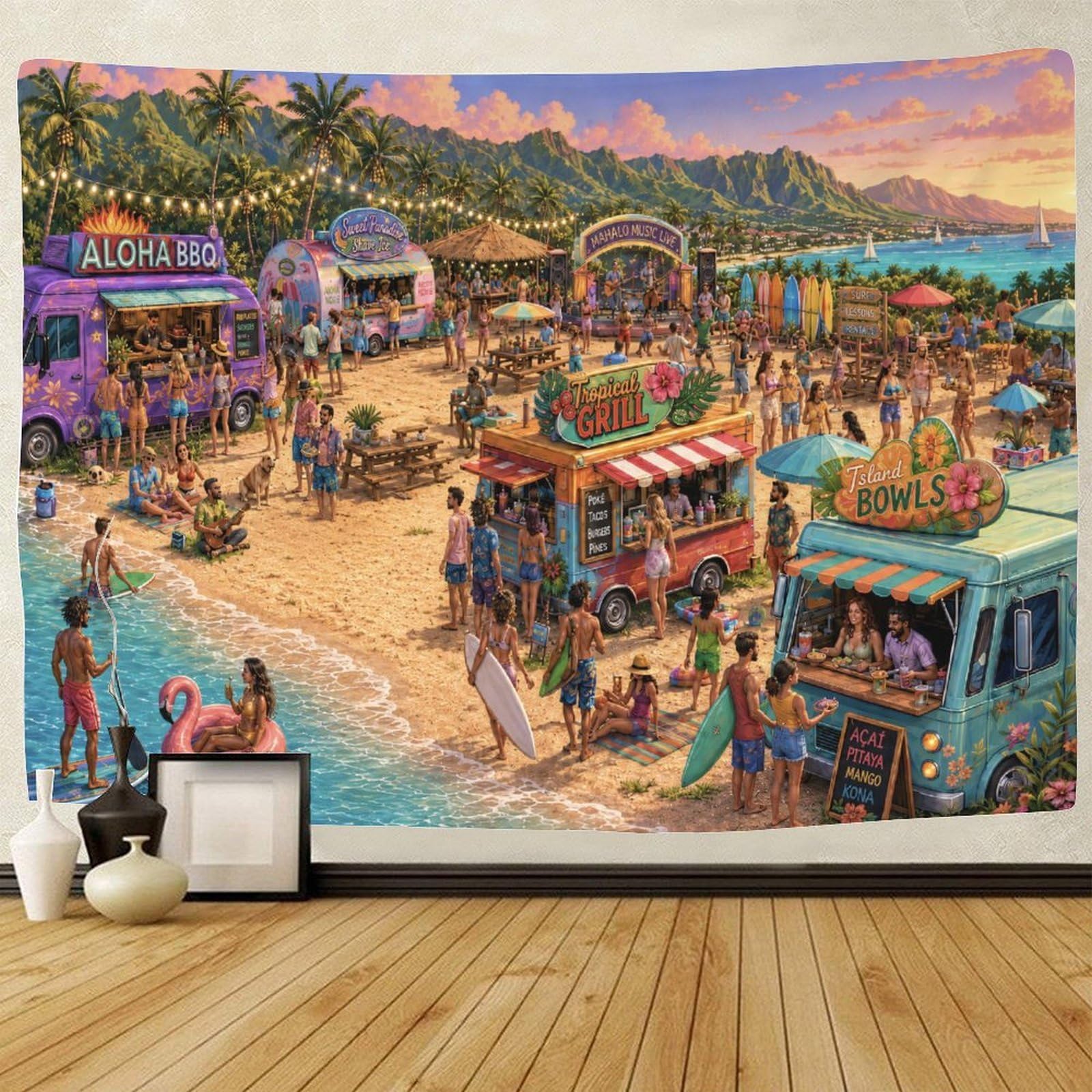 GPMNBCXZK Hawaii Beach Food Truck 3D Print Tapestry for Bedroom Wall Art Decor Tapestries Poster Curtain Bedroom Dorm 150cmx200cm