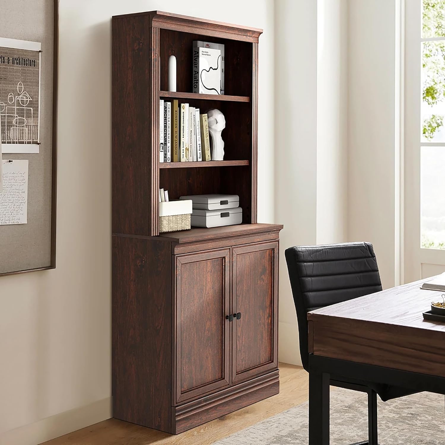 JAHRSTIM Halston Multi-Depth Bookcase, Adjustable Storage Shelving Unit with Doors for Home and Office Space, 31.5”L x 15.75”W x 72.8”H, Dark Cherry