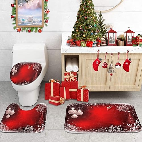 Miniatura 3 de ArtSocket Juego de 3 alfombras y tapetes de baño de Navidad, diseño de copos de nieve de árbol rojo de Navidad, antideslizantes, absorbentes de
