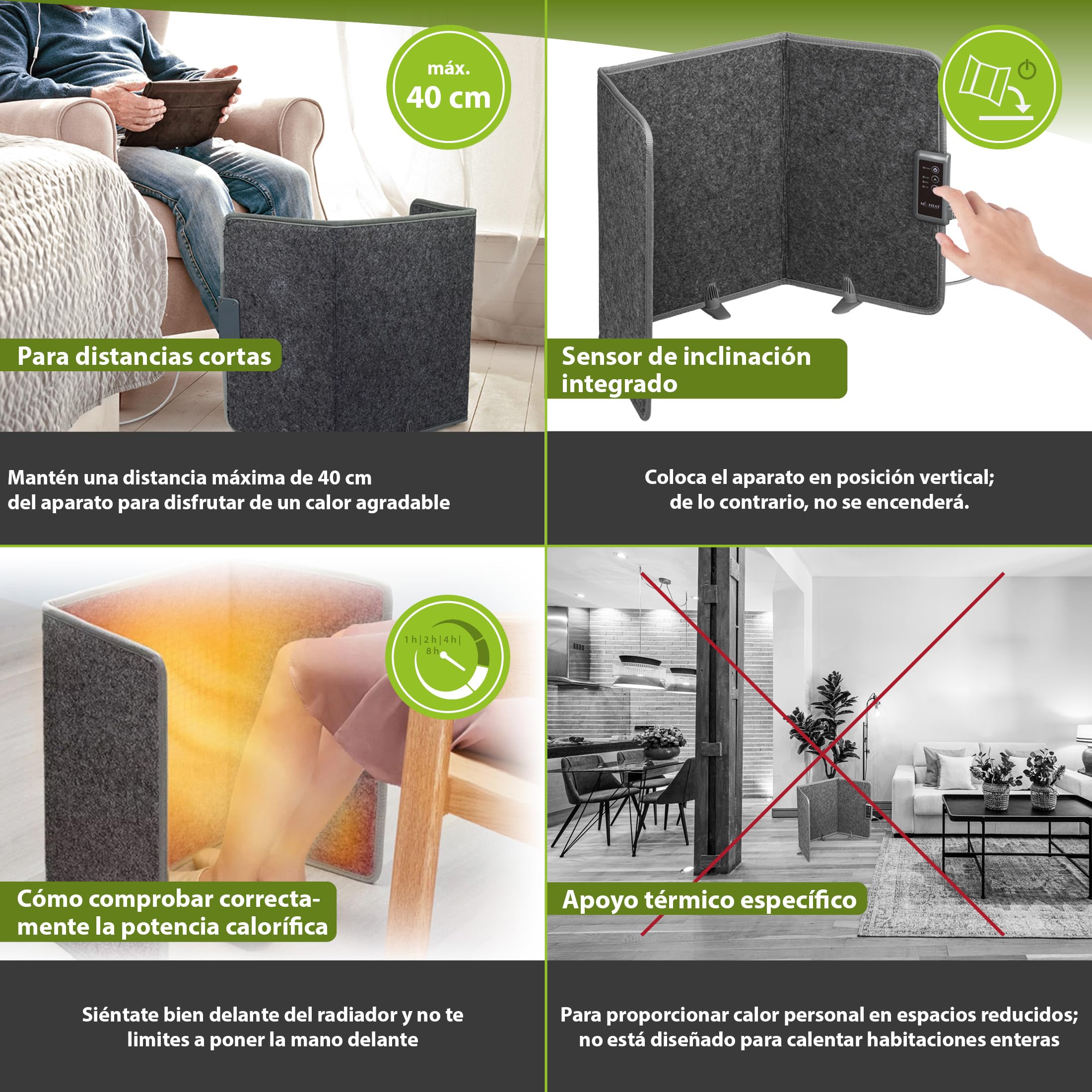Mi-Heat Calefactor Infrarrojos Plegable (260W) – Panel Calefactor Bajo Consumo para Escritorio y Teletrabajo – Estufa para Pies y Piernas con Temporizador, Gris