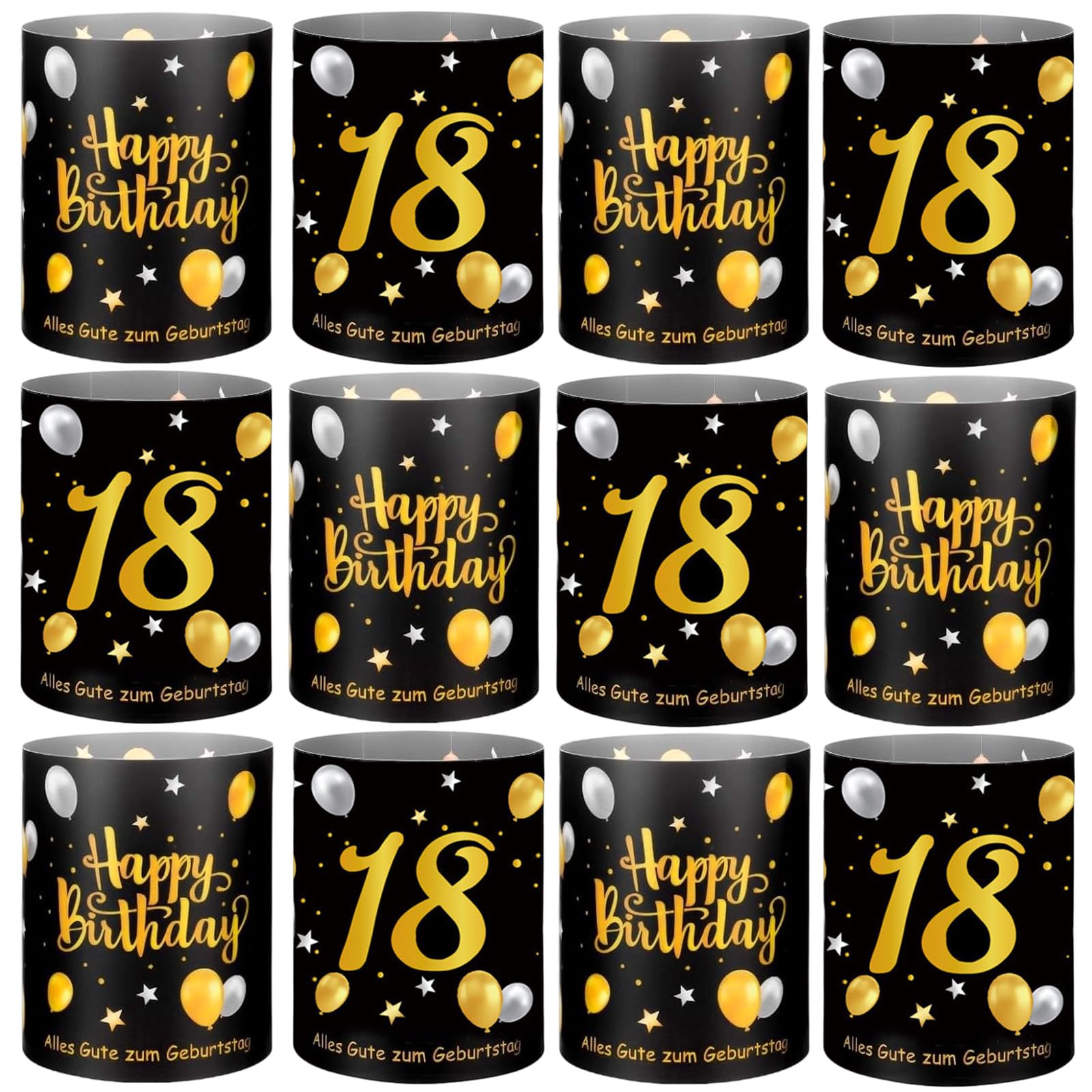 12 sztuk lampionów, dekoracja stołu na 60 urodziny, Happy Birthday, dekoracja stołu, podgrzewacze lub świece, czarno-złote, dla mężczyzn i kobiet (12, 18)