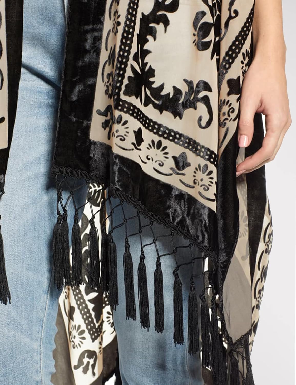 Women's Coverups Burnout Velvet Cardigan Casual Outfit Long Cover Up Kimono with Tassel - Image 7