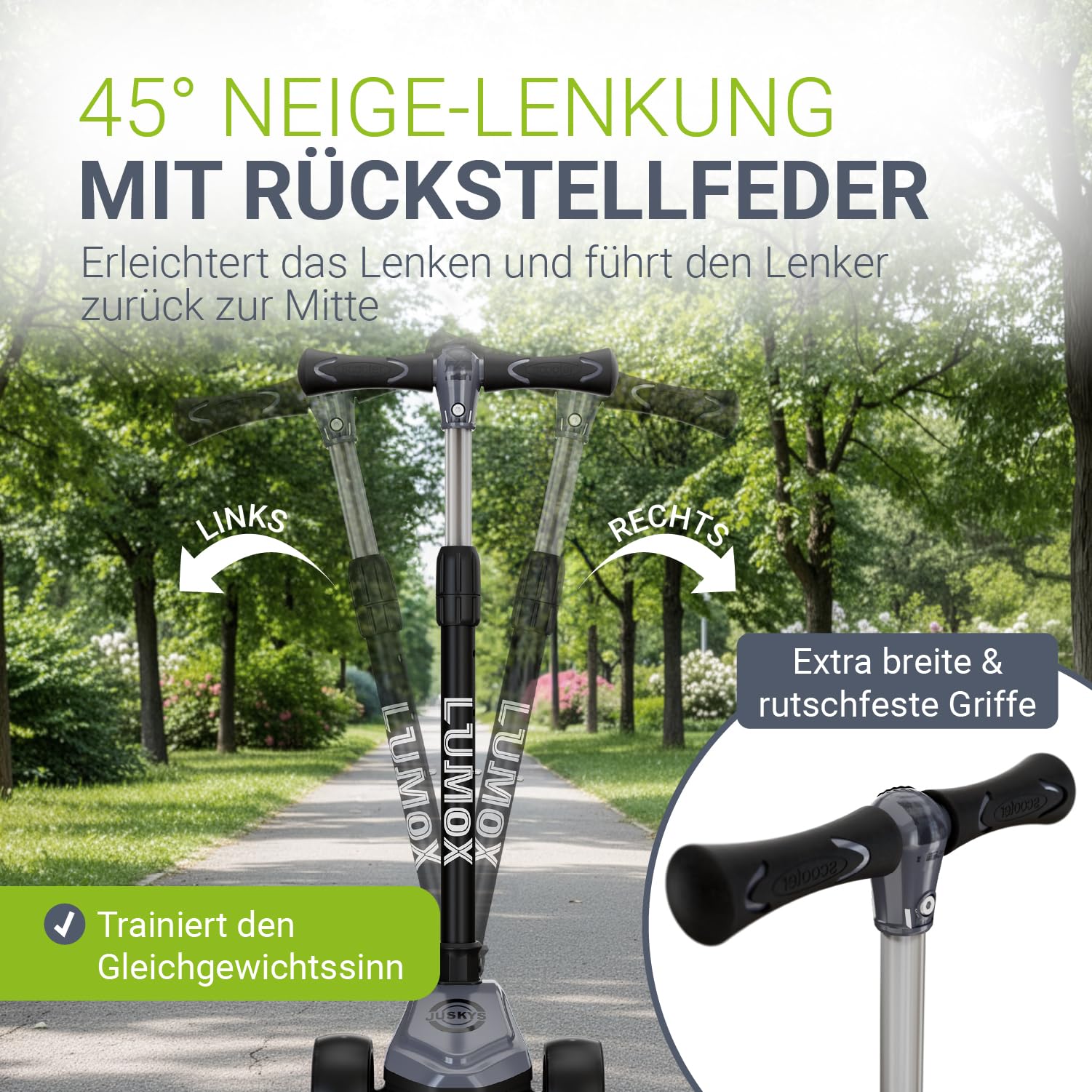 JUSKYS® Kinderroller Lumox Schwarz/Rosa/Blau - LED-Rollen, höhenverstellbarer Kinderscooter, klappbar & Hinterradbremse, Dreiradscooter