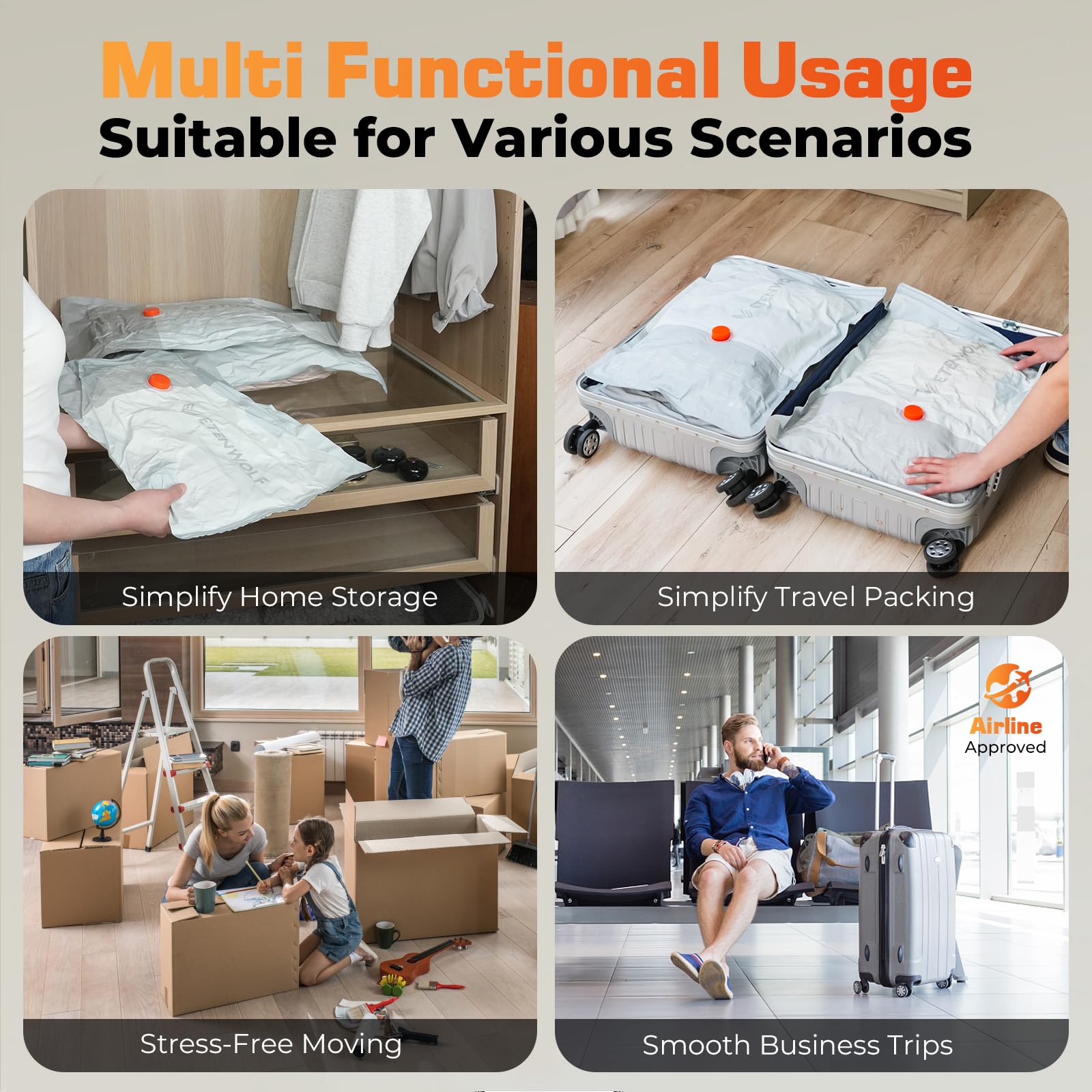 ETENWOLF Paquete de 20 bolsas de sellado al vacío para ropa de viaje con batería inalámbrica, bolsas de almacenamiento al vacío reutilizables para equipaje y maleta, múltiples tamaños de equipaje de